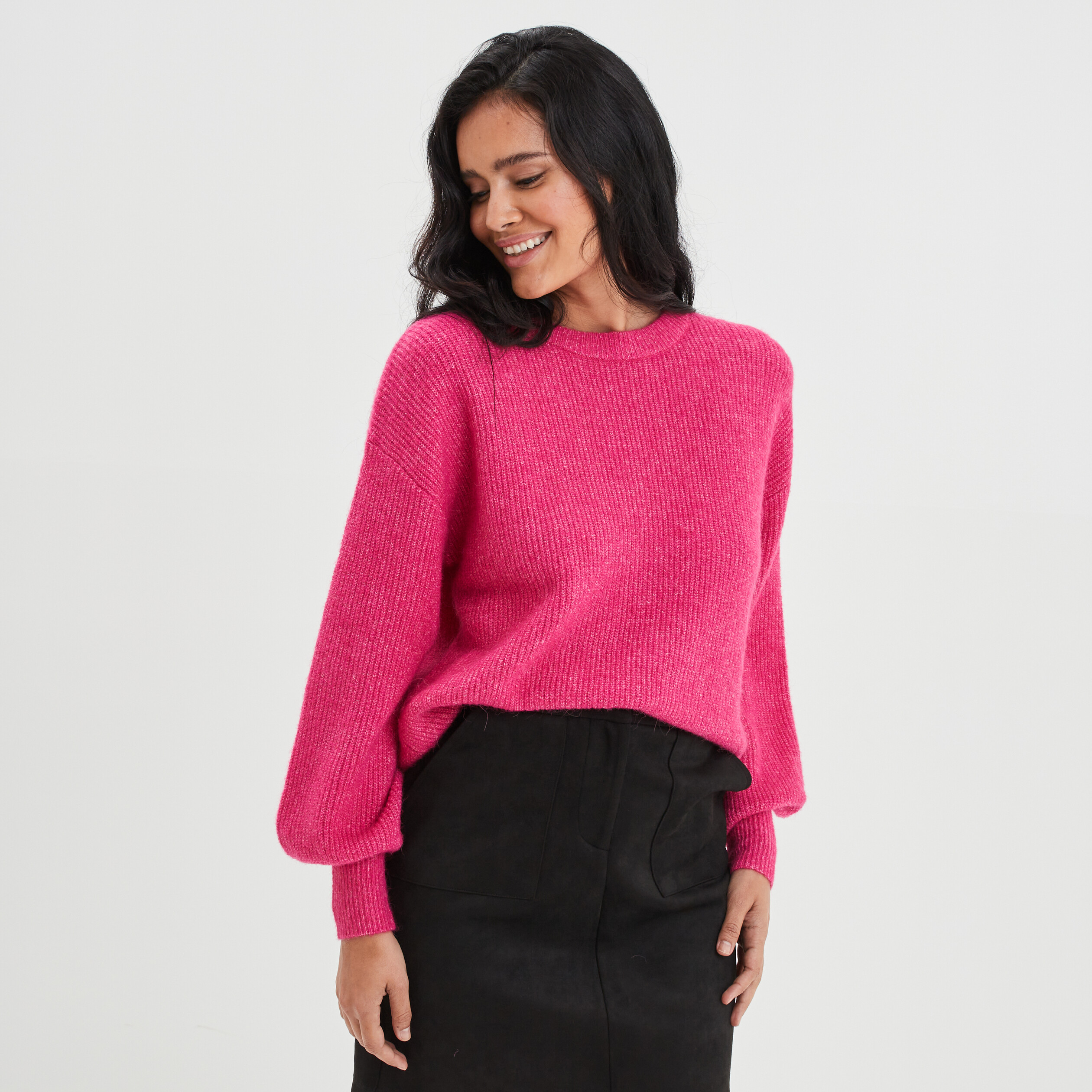 Pull col rond manches ballons rose fushia femme | La Halle