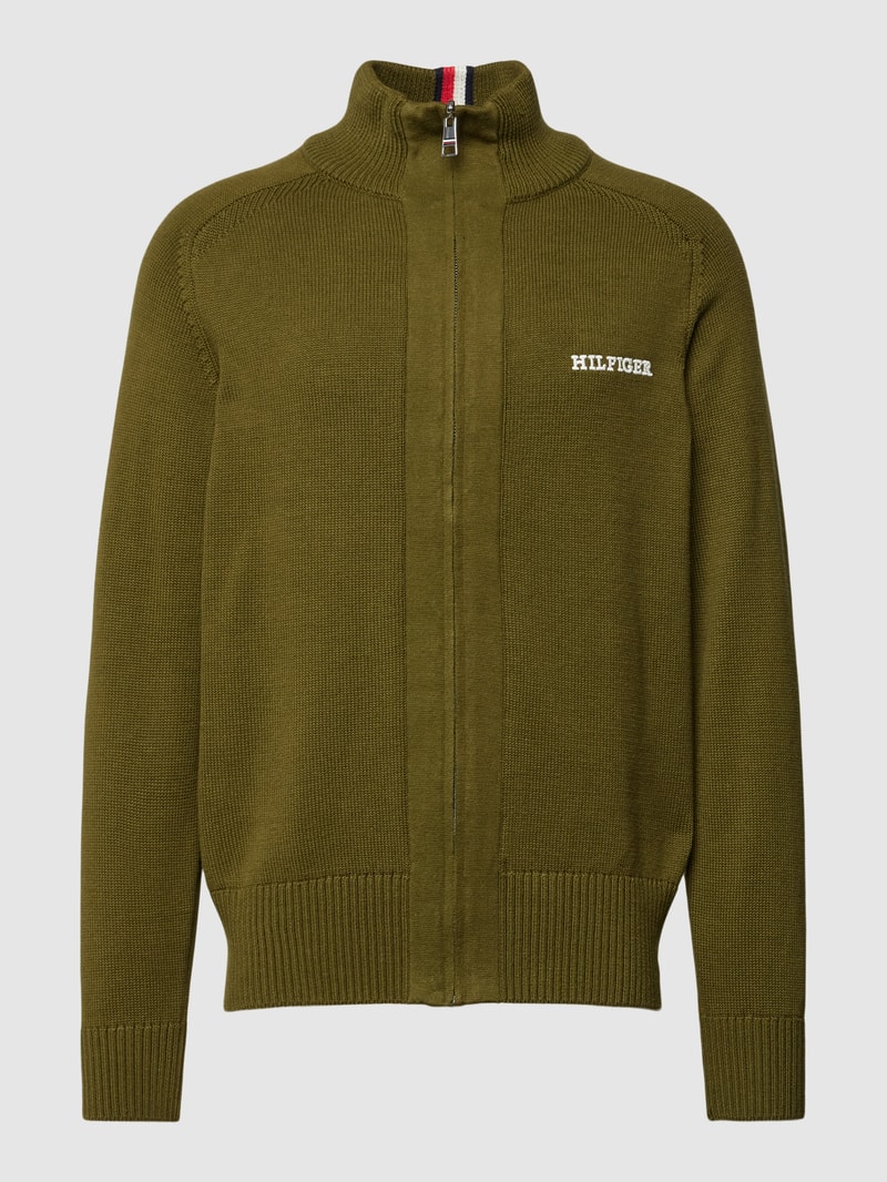 Strickjacke mit Label-Stitching Modell 'MONOTYPE' in olivgrün