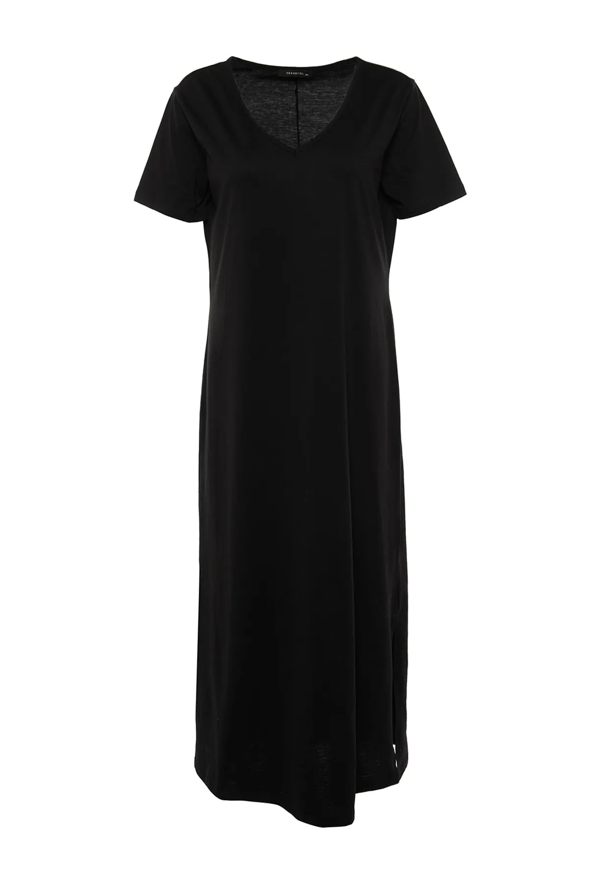 Trendyol Curve  Schwarzes Strickkleid mit V-Ausschnitt und Schlitz TBBSS22AH0163