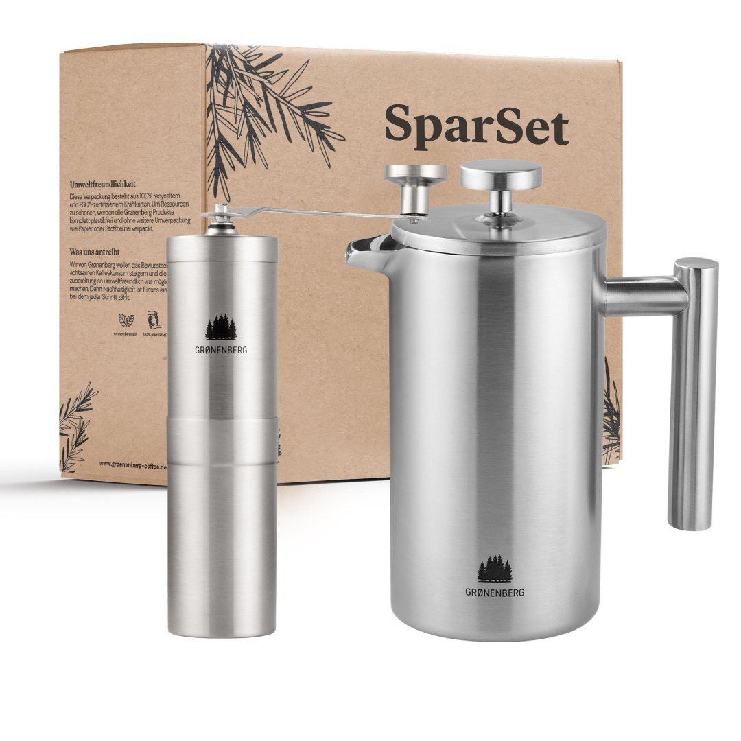GRØNENBERG French Press Kanne Spar Set 5: Manuelle Kaffeemühle + French Press (350, 600, 1000ml), Mit Thermo Effekt & inkl. Ersatz Filter