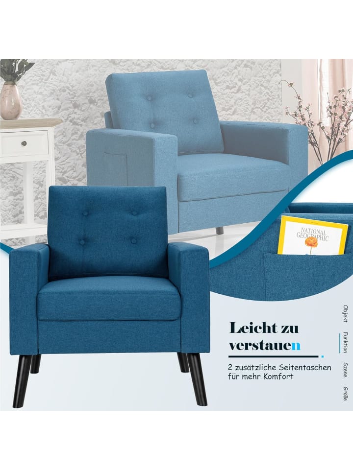 COSTWAY Relaxsessel mit 2 Taschen 81x67x86cm in Blau günstig kaufen onesize