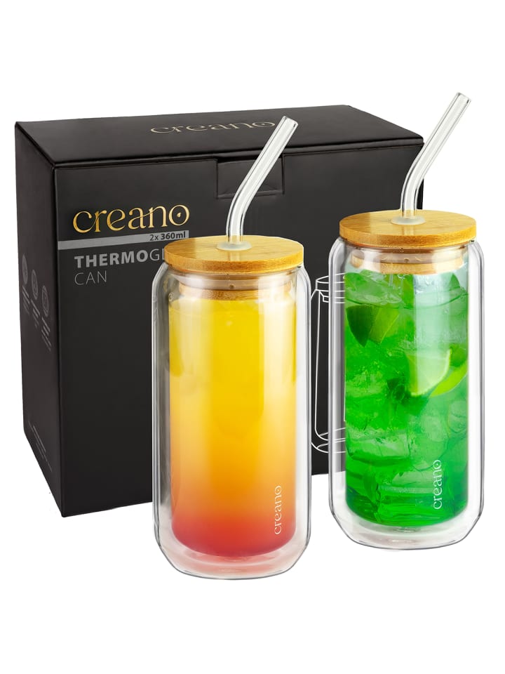 Creano 2 Thermogläser mit Glastrinkhalm und Bambusdeckel 360ml günstig kaufen 360ml