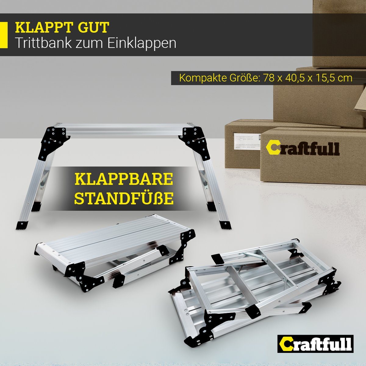 Craftfull Arbeitsplattform Arbeitspodest CF-107A klappbar - 3 J. Garantie - Aluminium (74 x 30 cm - 150 kg Traglast - Trittbank zum Einklappen - mini Arbeitsplattform - Werkbank - Heimwerken, 1-St., Anti-Rutsch, Sicherheitsbügel, klappbare Standfüße)