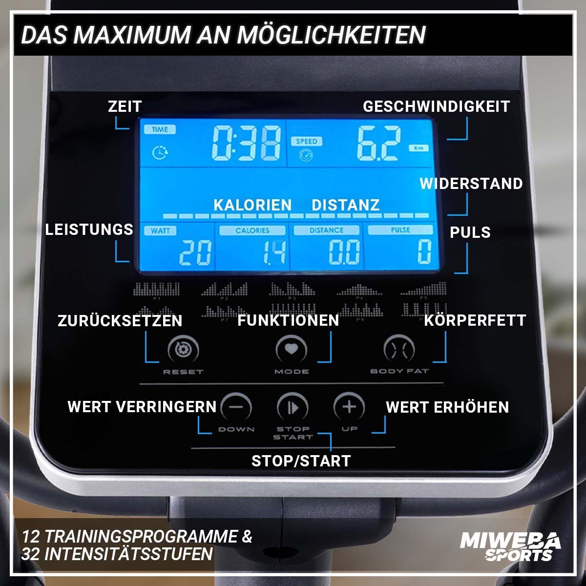 Miweba Sports Ellipsentrainer Profi Crosstrainer MC400 - 27 kg Schwungmasse & Magnetbremse (32 Intensitätsstufen, 10 Trainings Programme, Sportgeräte Fitnessgeräte für zu hause, verstellbar, 1-tlg., Zwift App & Streaming-Funktion, 150 kg max. Benutze