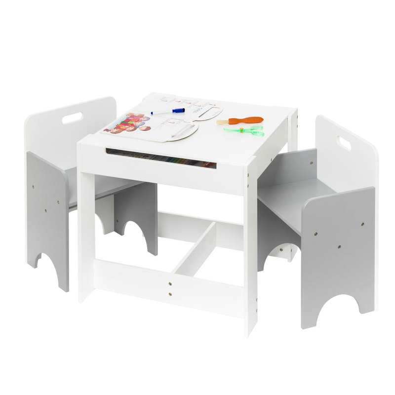 Table de jeux et ses deux chaises encastrables grises Oxybul