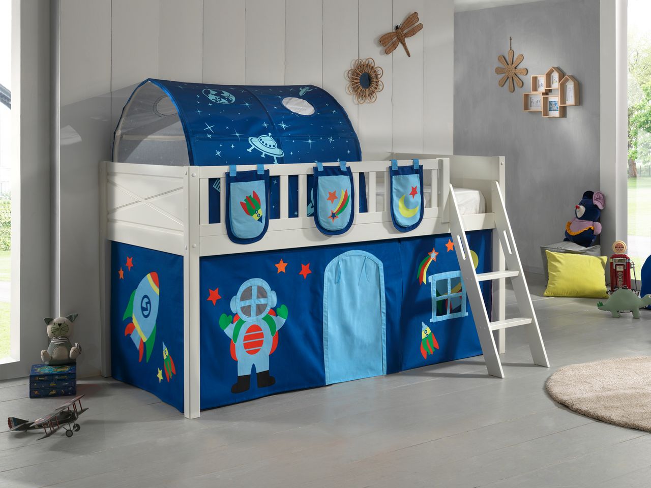 VIPACK Spielbett SCOTT, LF 90 x 200 cm, mit Rolllattenrost, Leiter und Textilset Vorhang, Tunnel und 3 Taschen 