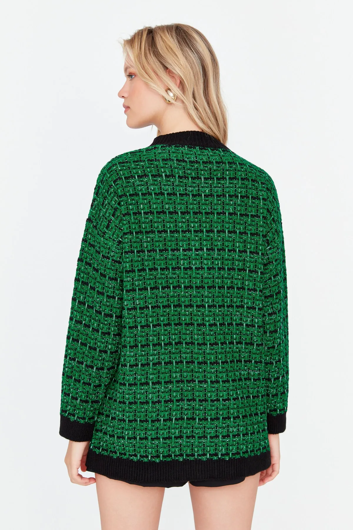 Trendyol Collection  Grüner, glitzernder Strickcardigan in Tweed-Optik mit weiter Passform TWOAW21HI0250