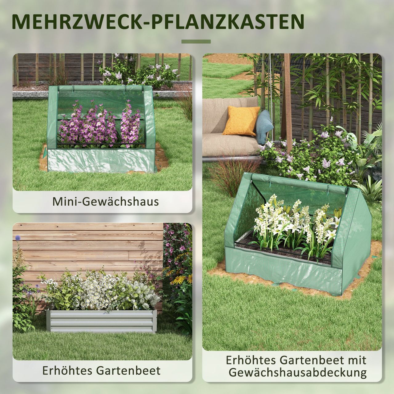 Outsunny Foliengewächshaus Frühbeet Gewächshaus mit Rollfenster Stahl Grün