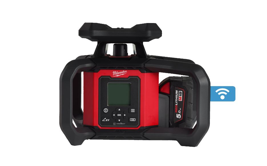 Milwaukee M18 RLOHV1200-501C vízszintes/függőleges forgó dupla dőlésszögű piros lézer 18 V 5.0 Ah Li-ion akkumulátorral (4933493204)