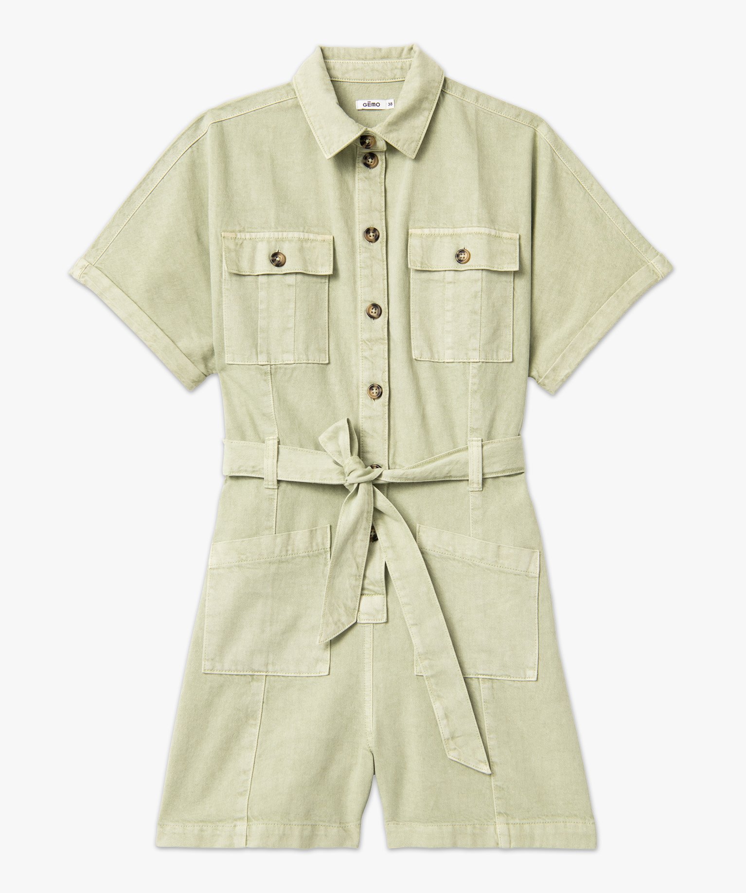 Combishort en toile denim à manches courtes femme vert | GEMO