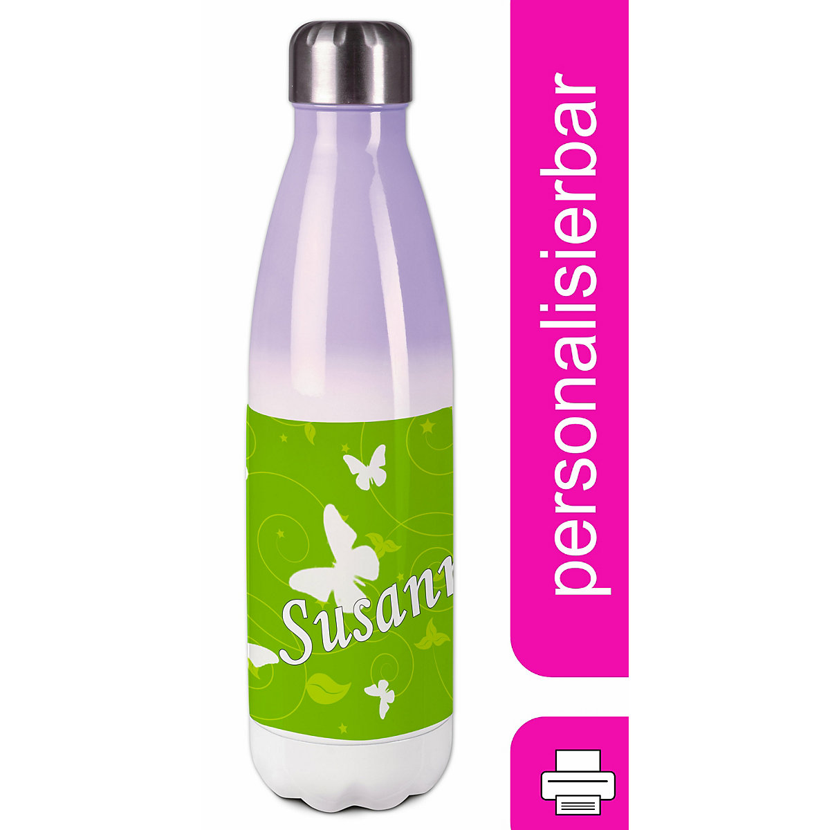 Edelstahl Kinder Thermoflasche / Trinkflasche bunt Schmetterling Ornamente Farbe grün Spülmaschinenfest, Auslaufsicher, Bruchfest, Doppelwandig, Für Heißgetränke geeignet, Mit Deckel, Isoliert