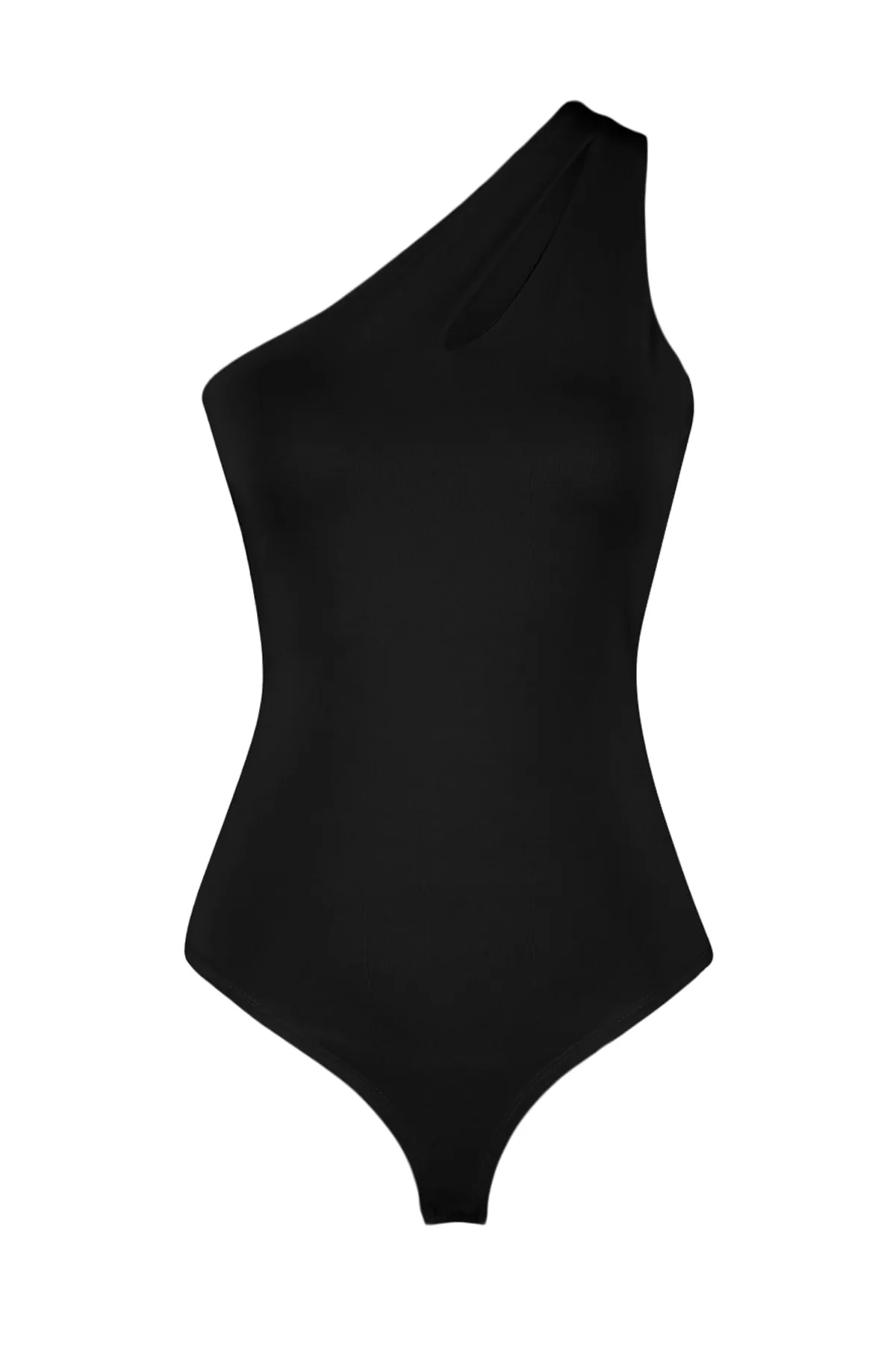 Trendyol Collection  Schwarzer Stretch-Strickbody mit asymmetrischem Kragen, Cut-Outs und Druckknöpfen TWOSS23BD00014