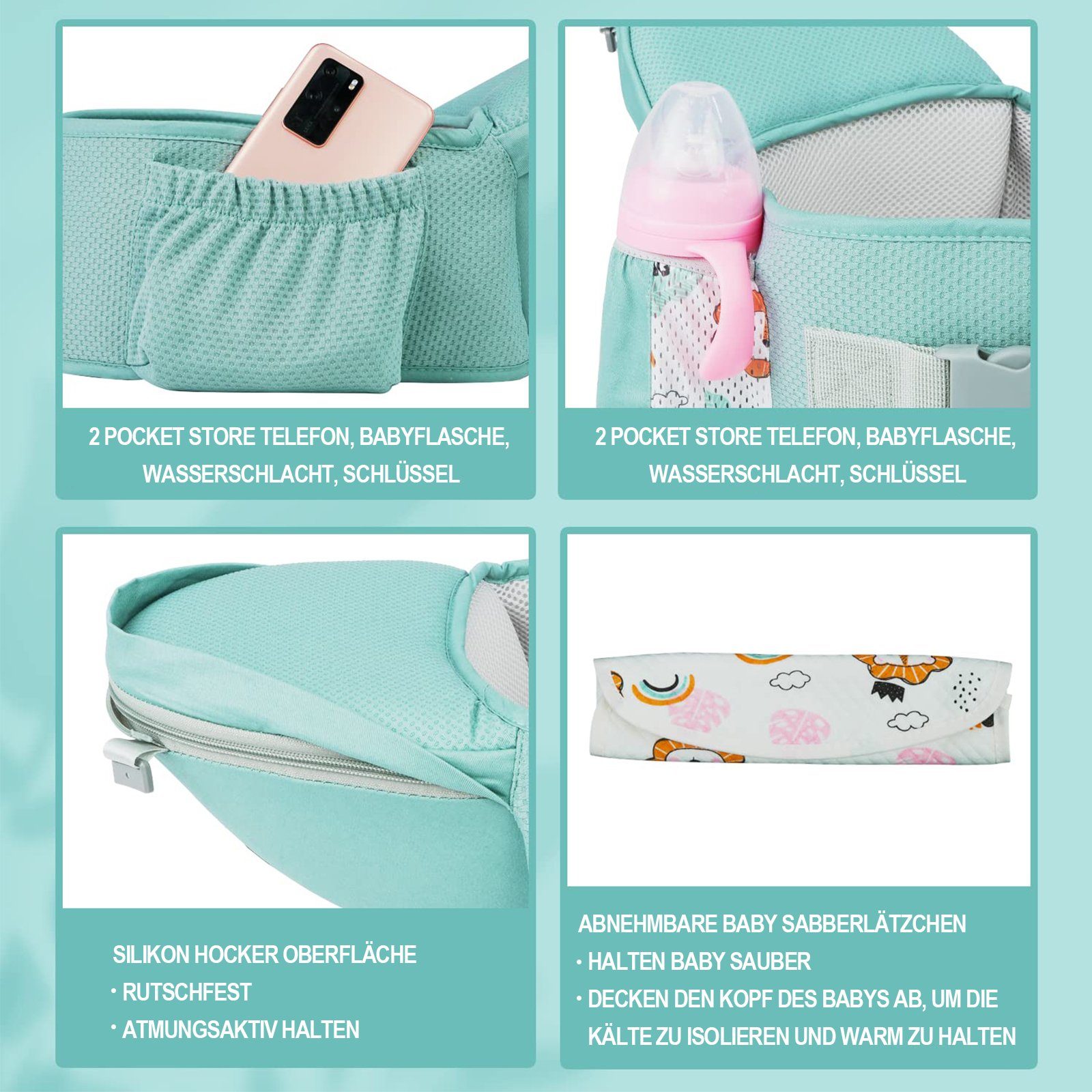 Wenta Bauchtrage 6-in-1 Ergonomische Babytrage mit Hüftsitz und Lätzchen, für Neugeborene bis 36 Monate, 4-20 kg