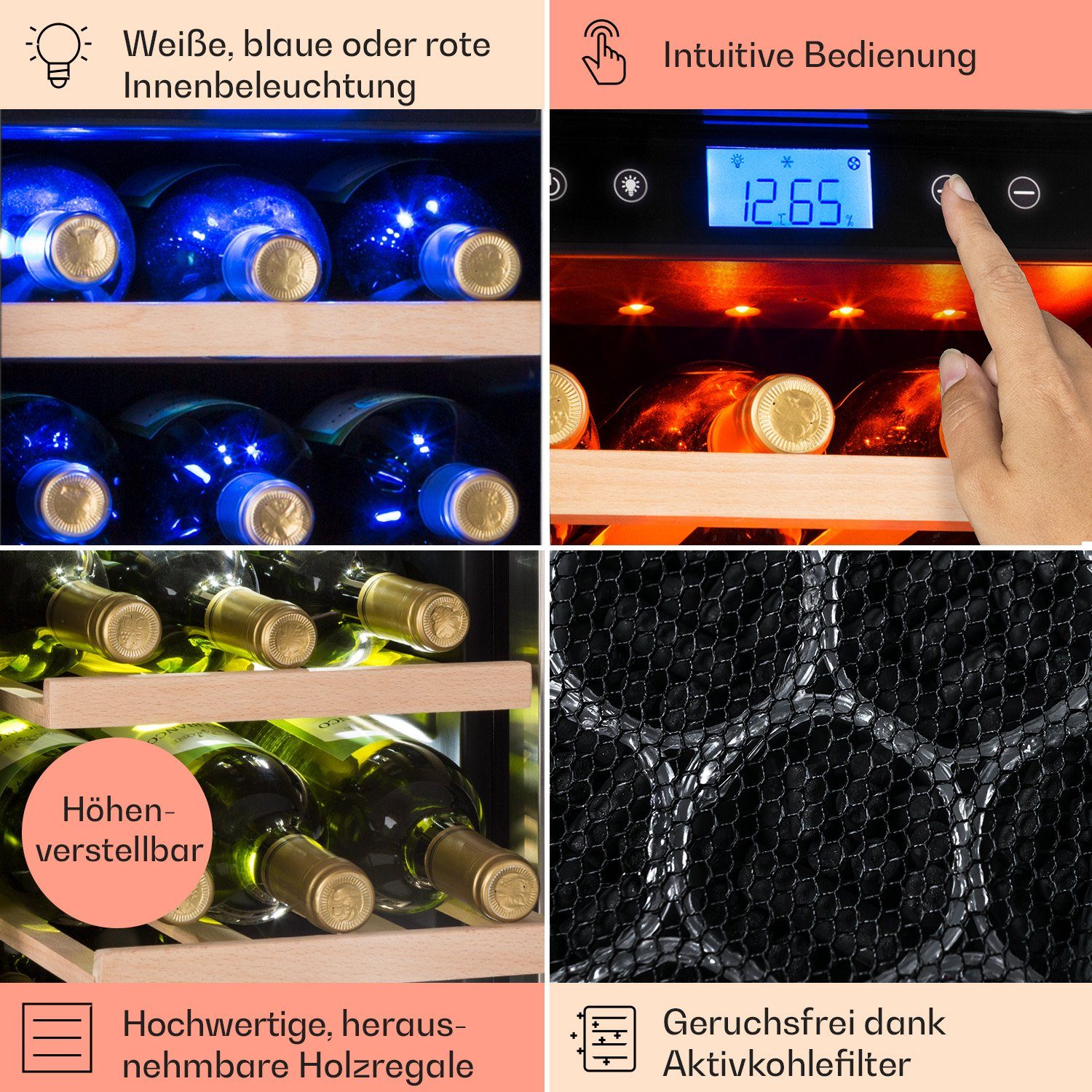 Klarstein Weinkühlschrank Vinovilla Duo 42, für 42 Standardflaschen á 0,75l,2 Zonen Wein Flaschenkühlschrank Weintemperierschrank Weinschrank