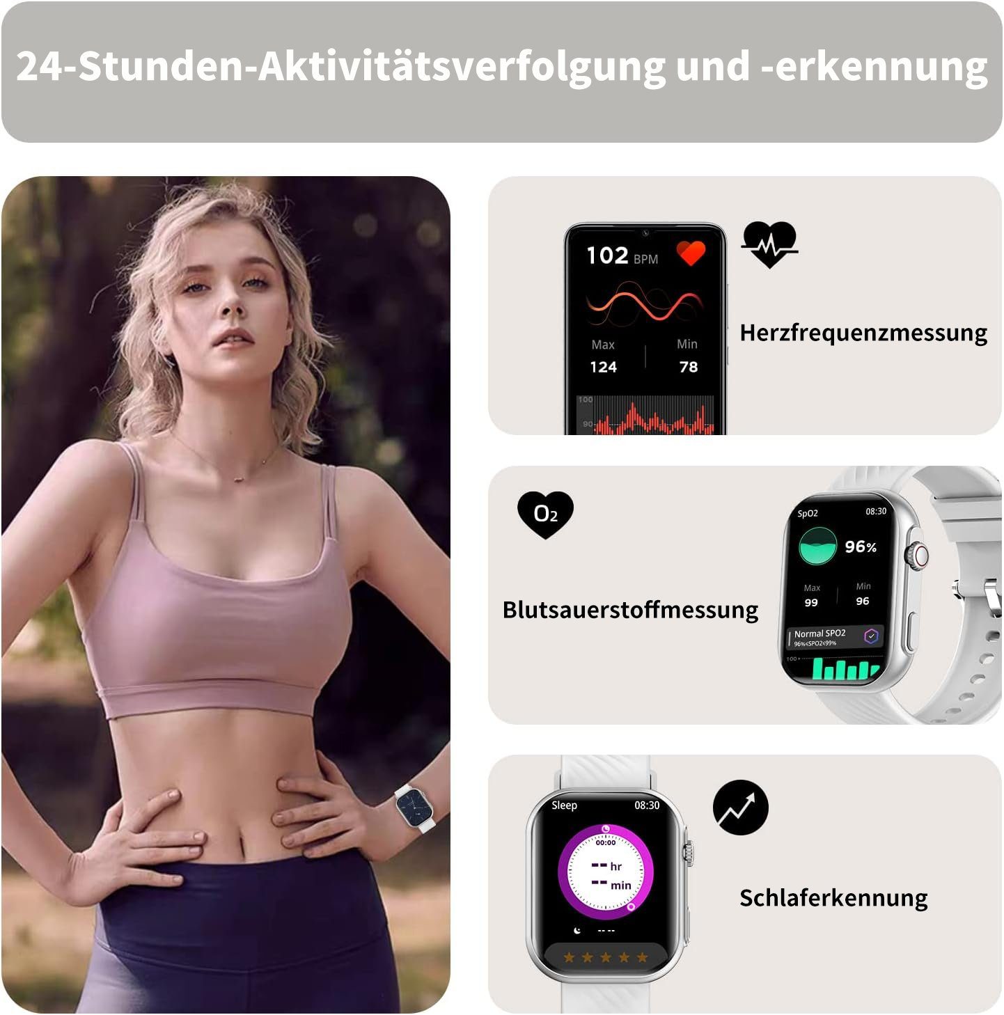 JOEAIS Damen Smartwatch Fitnessuhr Sport Watch Fitnessarmband Smartwatch (2.01 