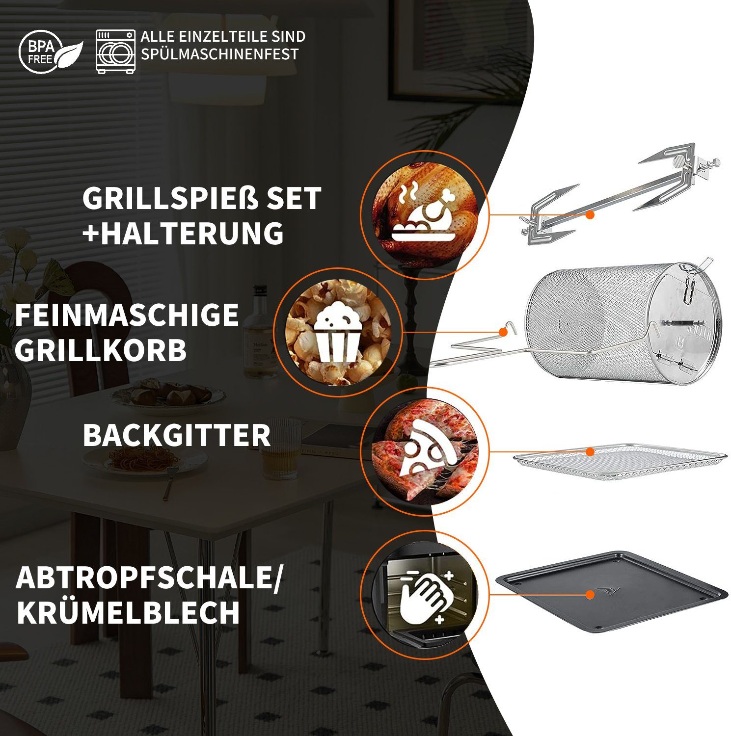 JOEAIS Heißluftfritteuse 14L XXL Ohne Öl Air Fryer 1700W Heizluft Fritteuse LED-Touchscreen, Airfryer Einstellbare Zeit/Temperaturregelung für Luftbraten, Braten