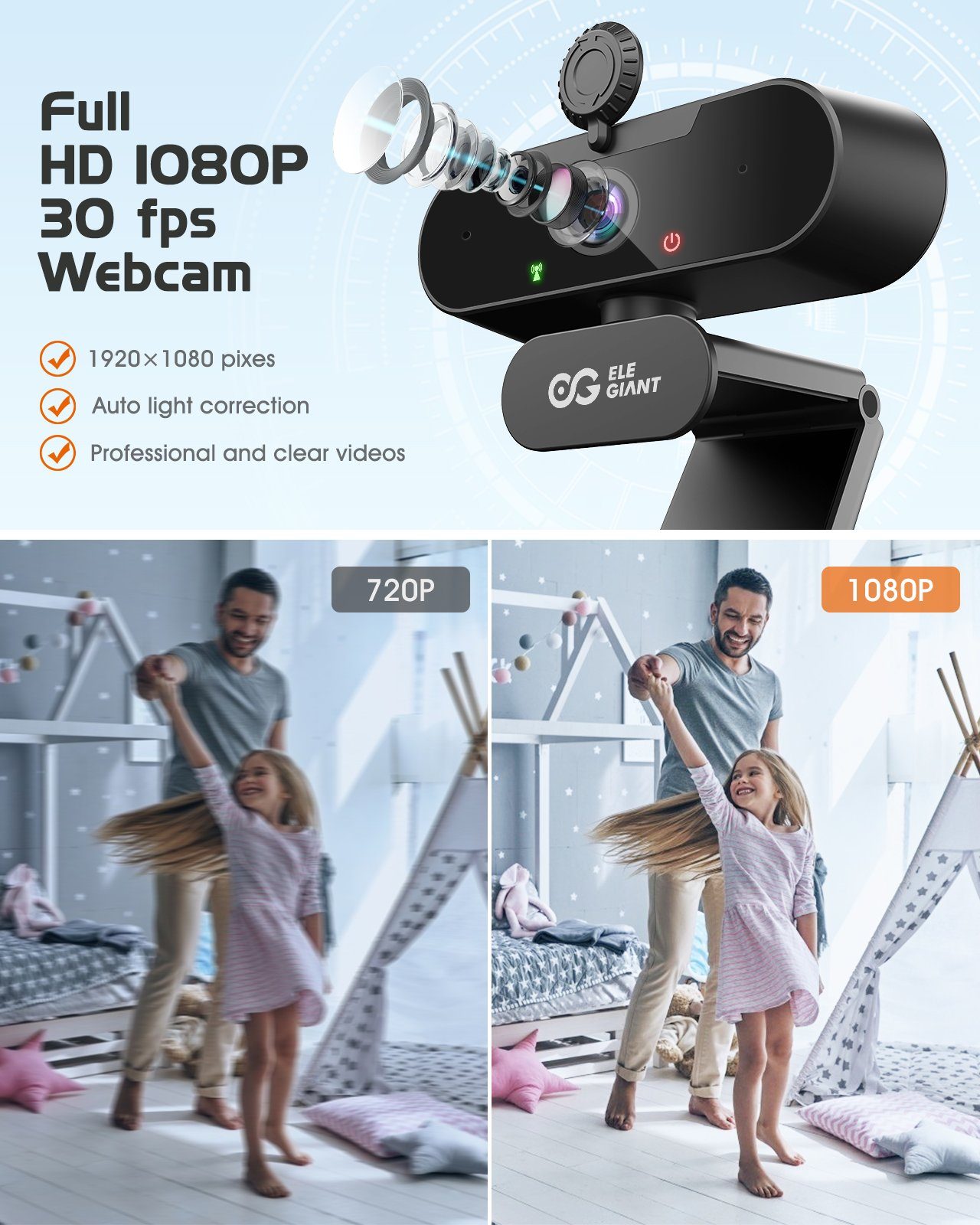 ELEGIANT EGC-C02 Full HD-Webcam (Full HD, besonders für Streaming, kristallklare Videotelefonate, scharfe Bilder)