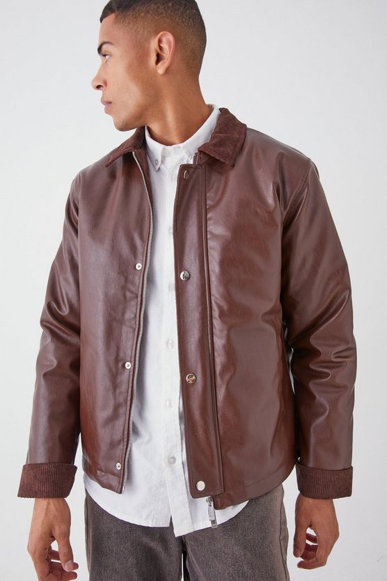 PU Harrington-Jacke mit Kord-Detail