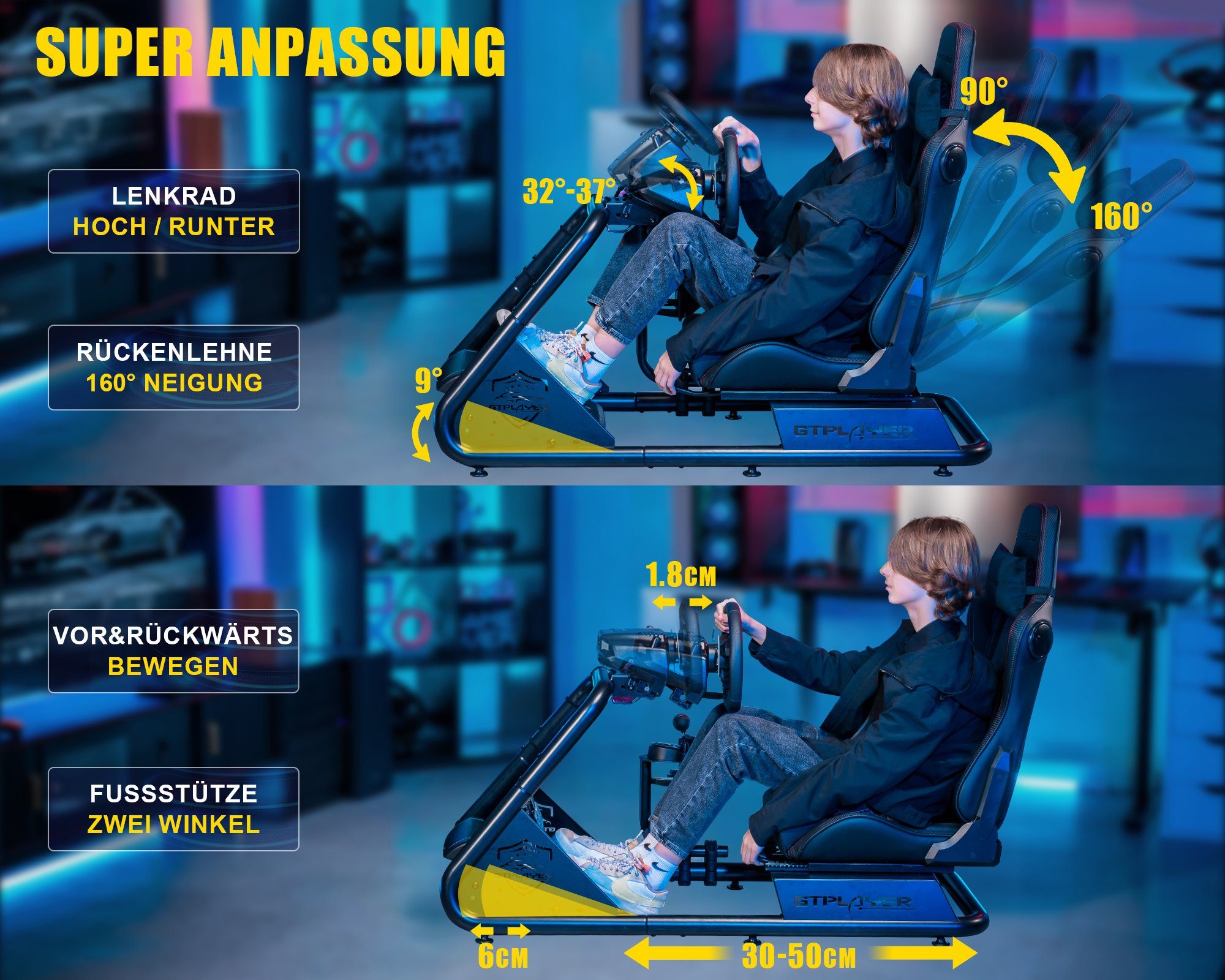 GTPLAYER Gaming-Stuhl Gamer Stuhl Simulator Cockpit, sim racing cockpit racing wheel stand, mit Bluetooth-Lautsprecher und allem auf den Bildern gezeigten Zubehör