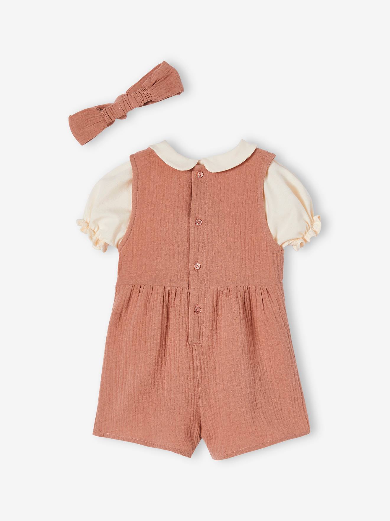 Vertbaudet Mädchen Baby-Set: T-Shirt, Kurzoverall & Haarband, personalisierbar - altrosa
