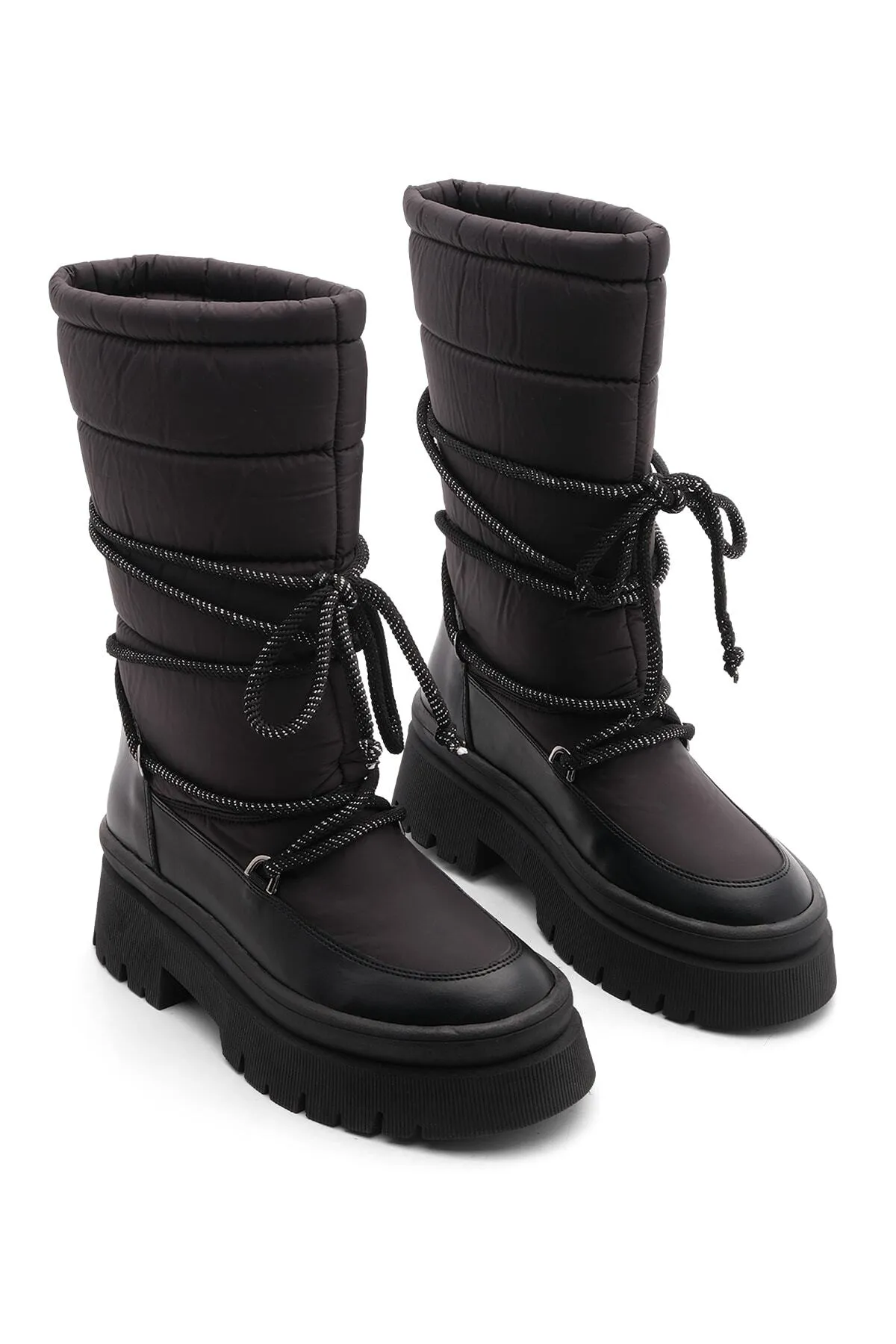 Marjin  Damen-Schneestiefel mit dicker Sohle und Schnürung aus Fell an der Innenseite von Armen schwarz