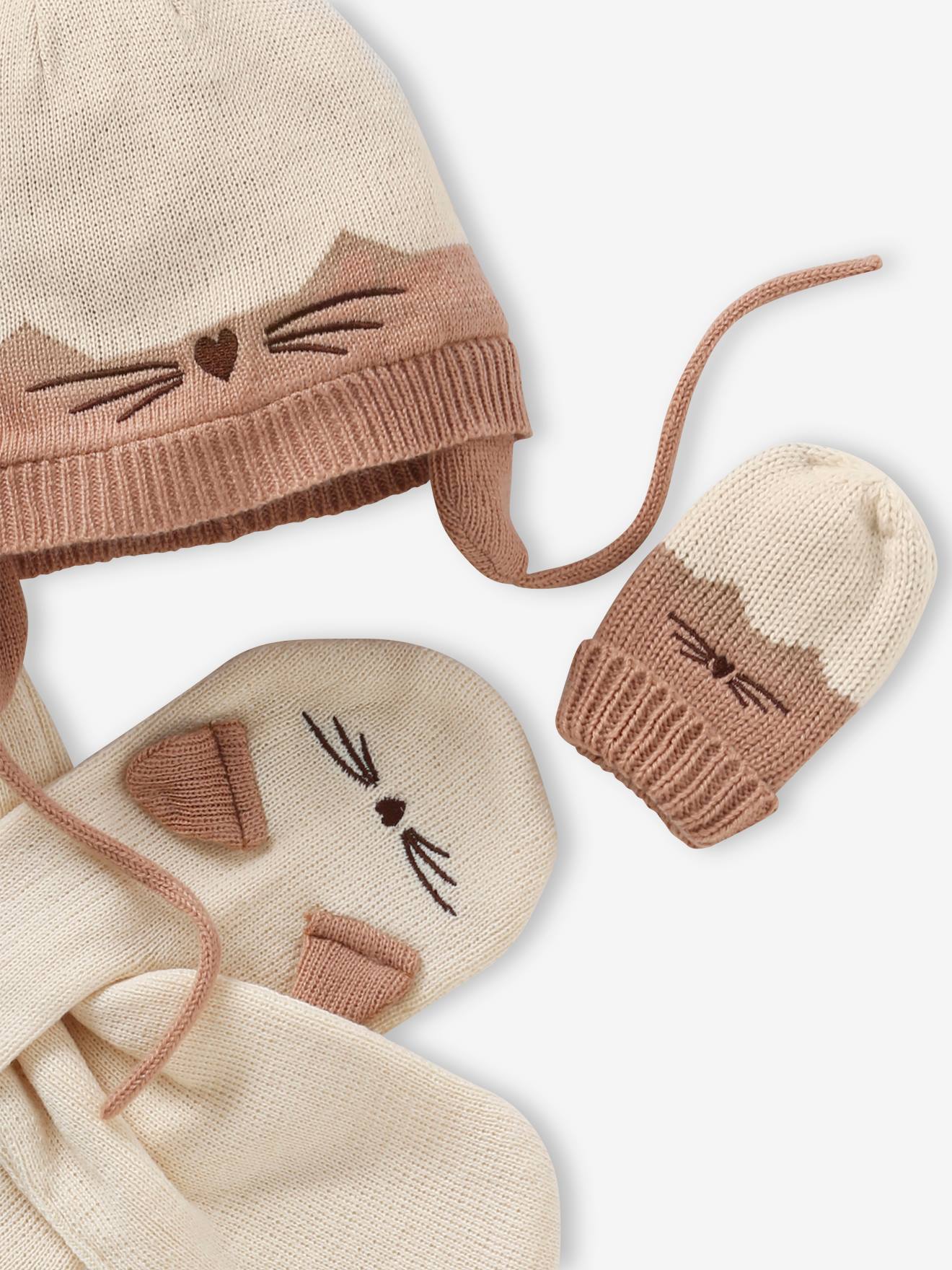 Vertbaudet Mädchen Baby-Set: Mütze, Schal & Fäustlinge - wollweiß