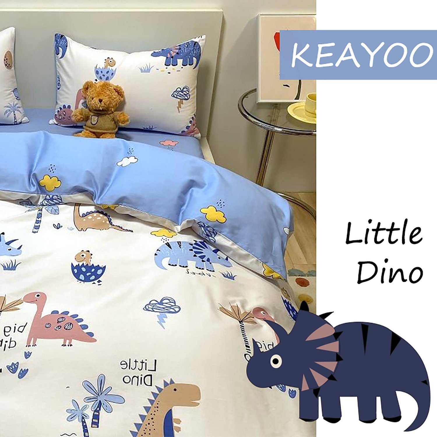 Kinderbettwäsche QWKL, KEAYOO, Baumwolle, 2 teilig, 100% Baumwolle Kinderbettwäsche mit Dino