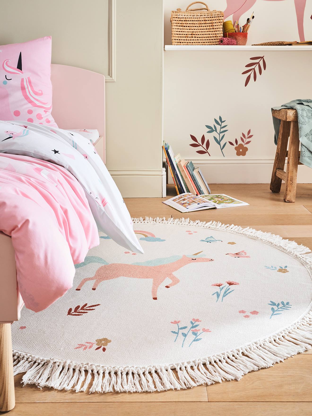 Vertbaudet Runder Kinderzimmer Einhorn-Teppich - weiß