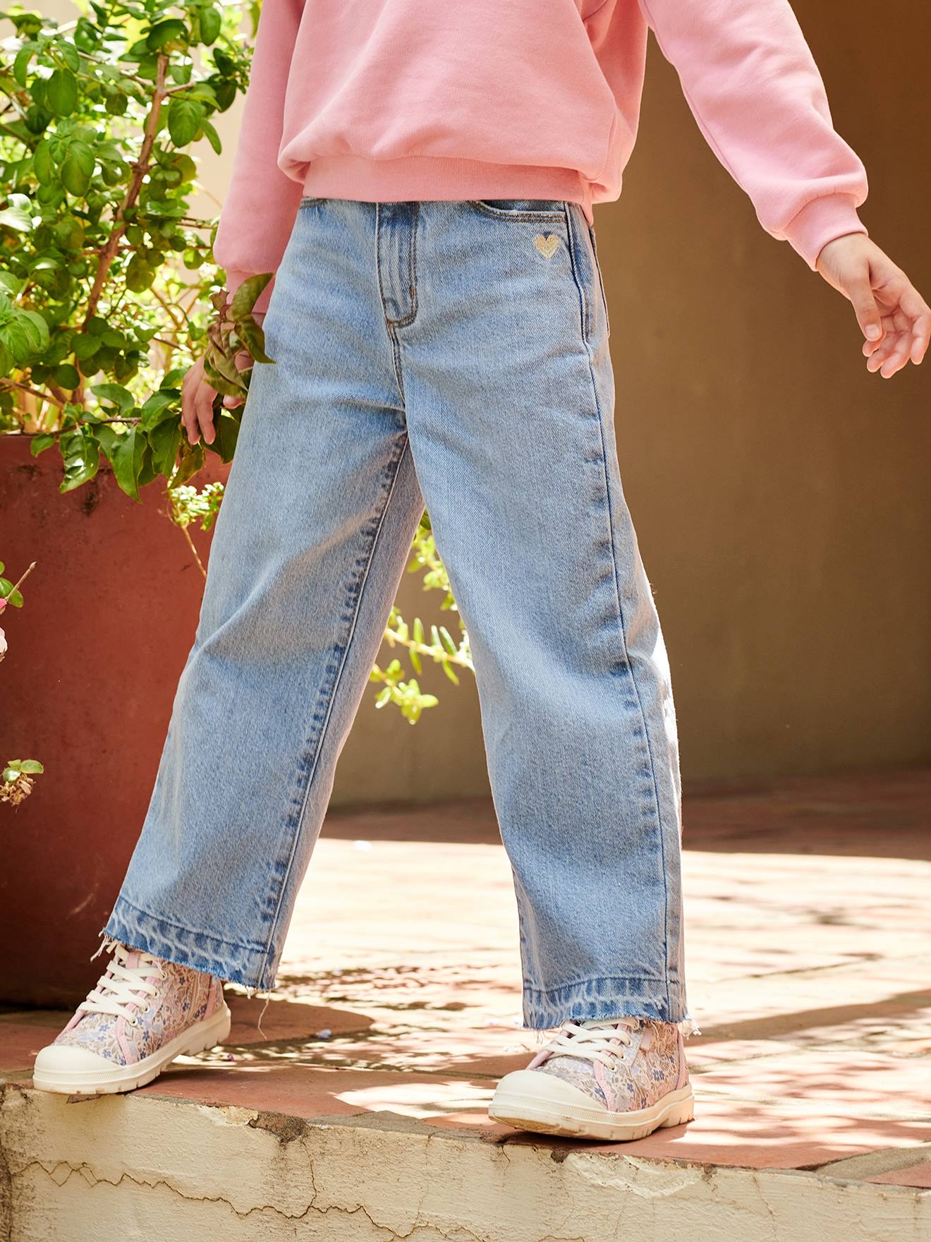 Jean large fille bas effiloché denim bleached