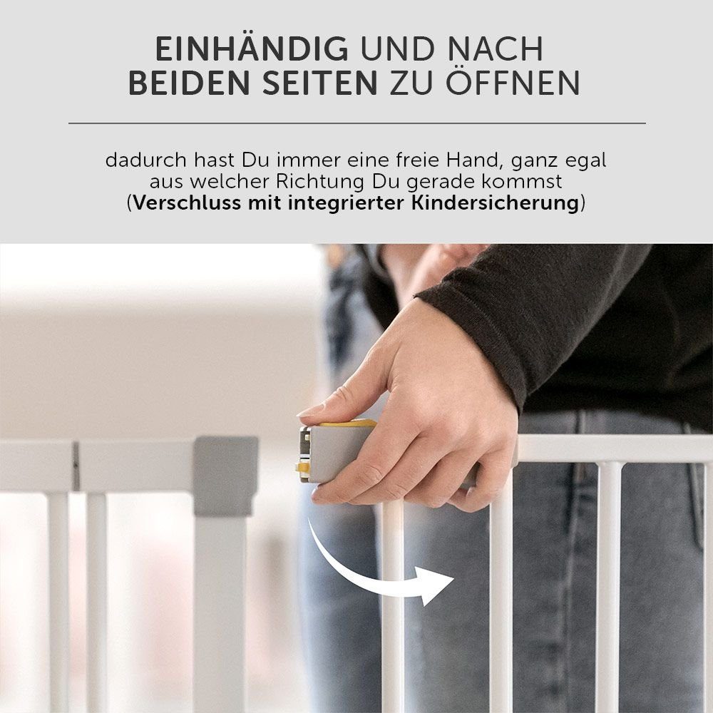Hauck Türschutzgitter Open N Stop - White, Treppenschutzgitter 84 bis 89 cm inkl. 9 cm Verlängerung - ohne Bohren