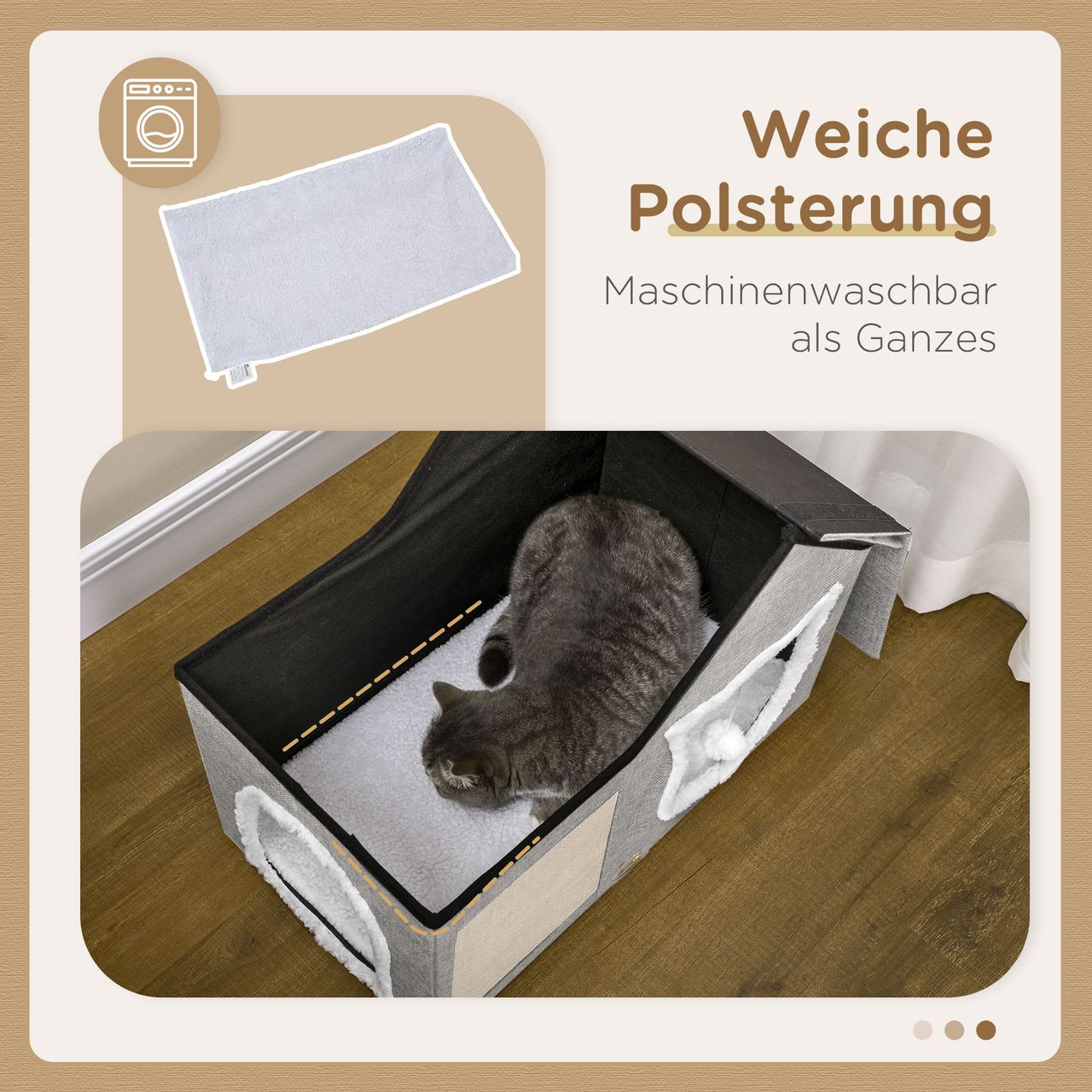 PawHut Katzenhöhle, Katzenhaus mit Kratzfläche, Doppeltüren, Spielball Polyester