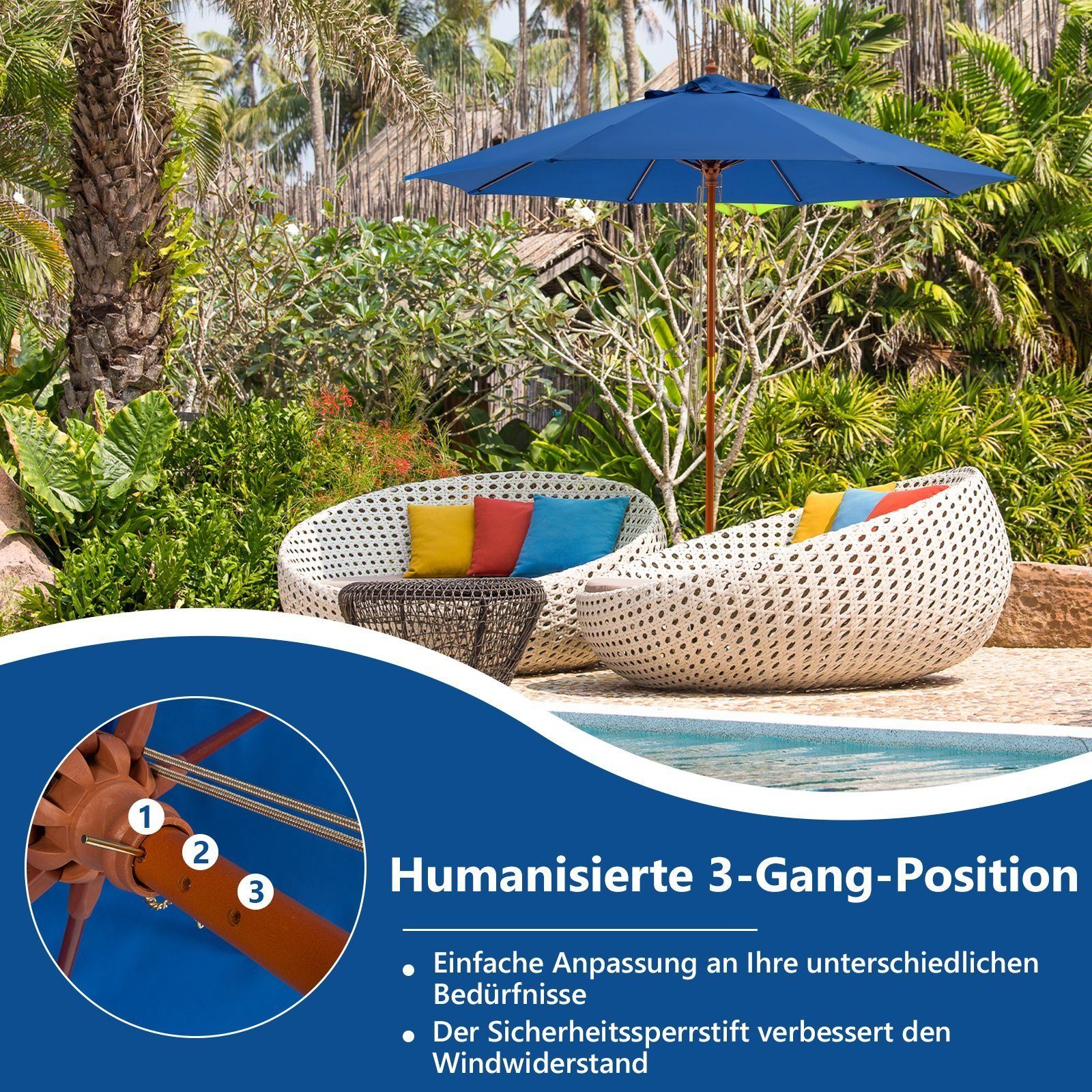 KOMFOTTEU Sonnenschirm Höhenverstellbarer Gartenschirm 260 cm, Holz