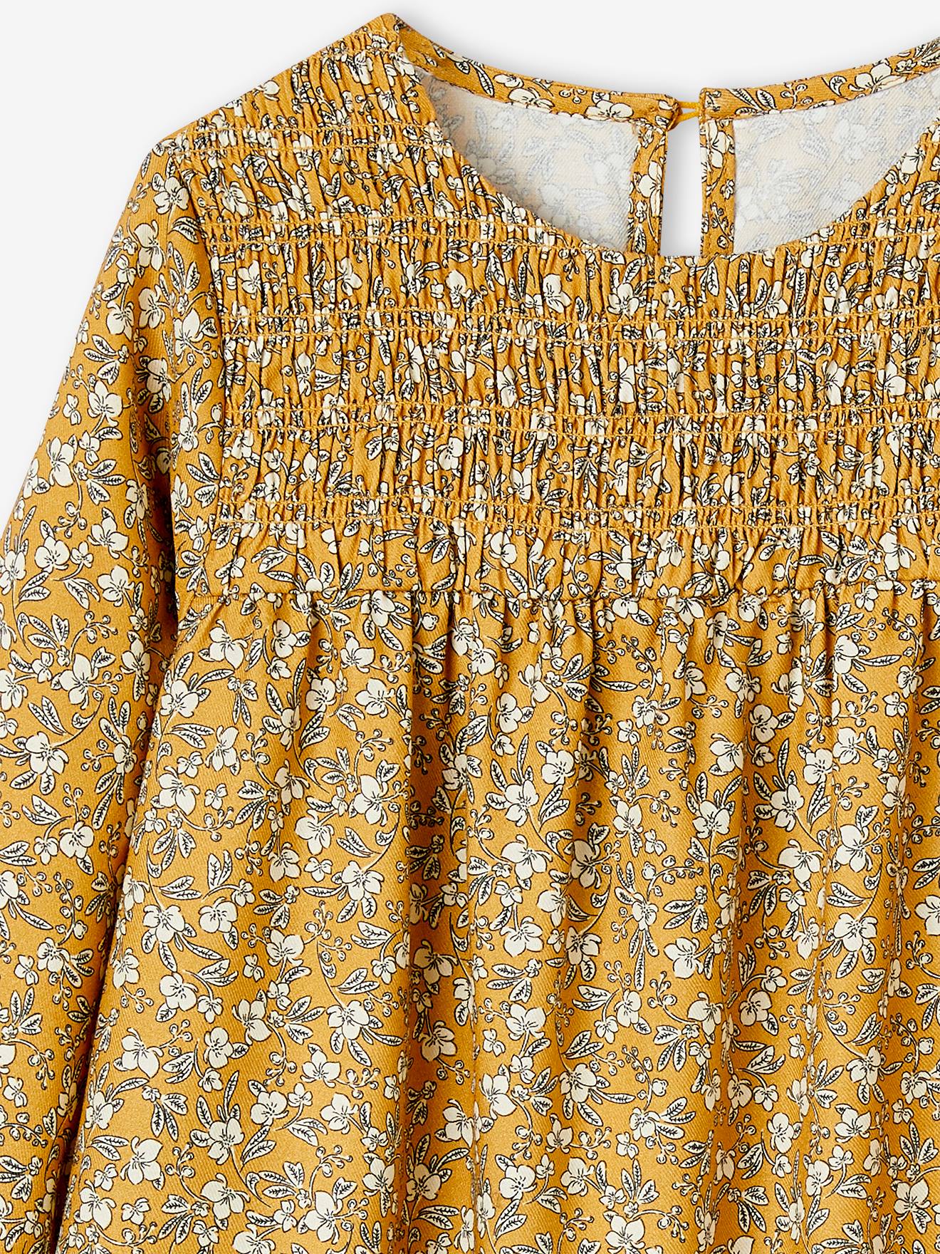 Robe à smocks motifs fleurs fille manches longues moutarde