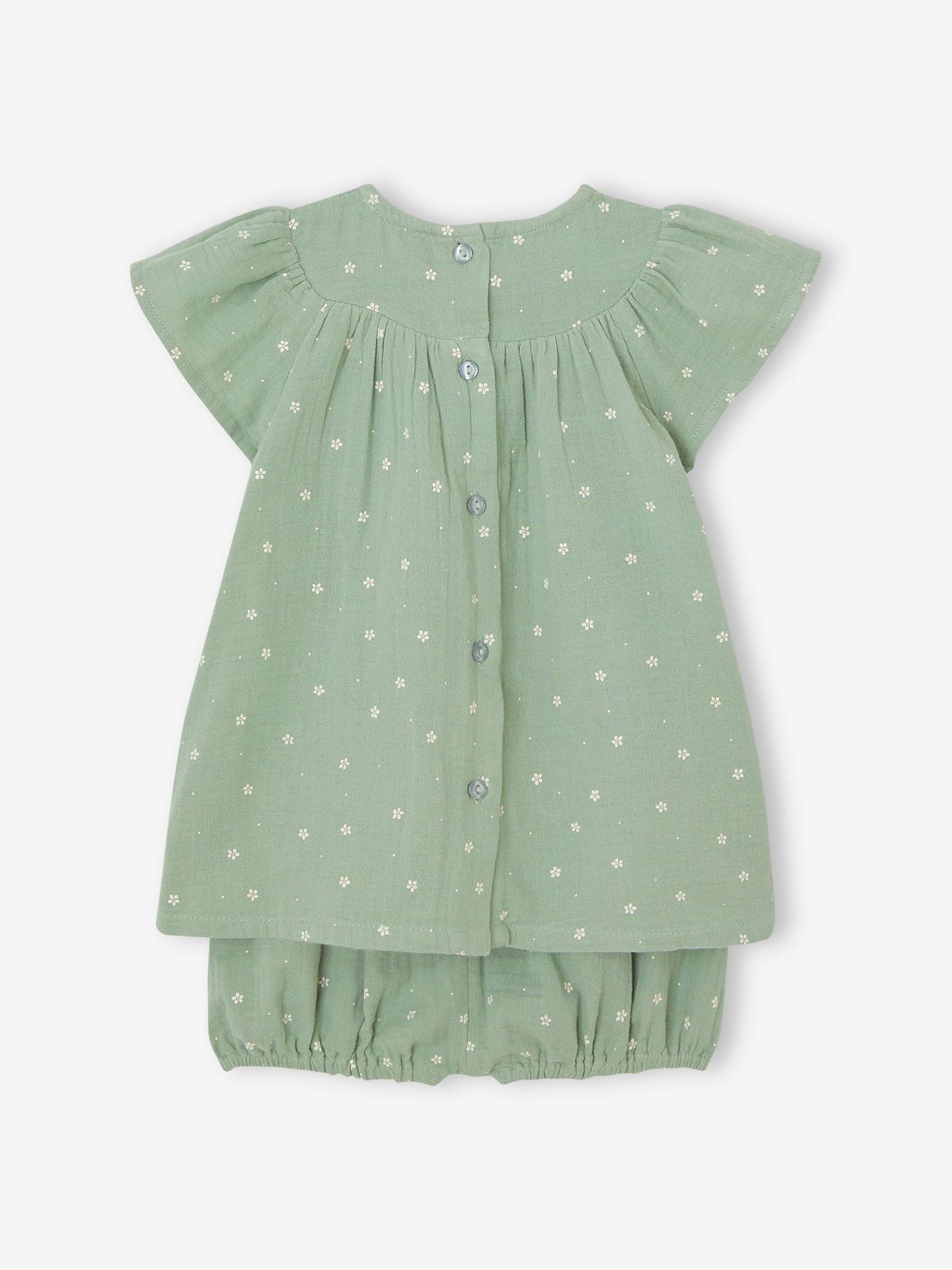 Vertbaudet Mädchen Baby-Set: Kleid, Shorts & Haarband - salbeigrün