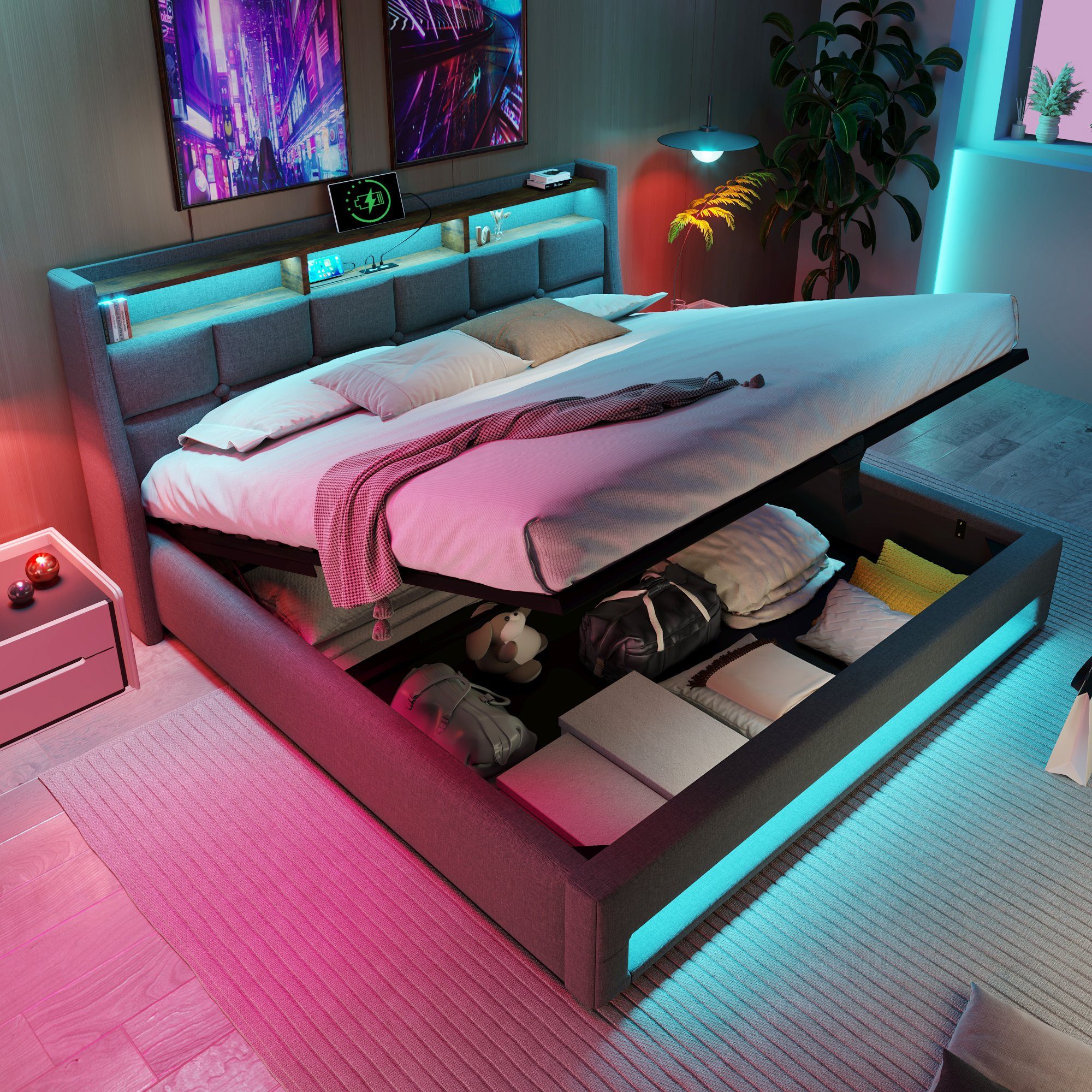 OKWISH Polsterbett Bett (LED Doppelbett Jugendbett mit USB/Typ-C Ladeanschluss), 160 x 200 cm Inklusive Matratze