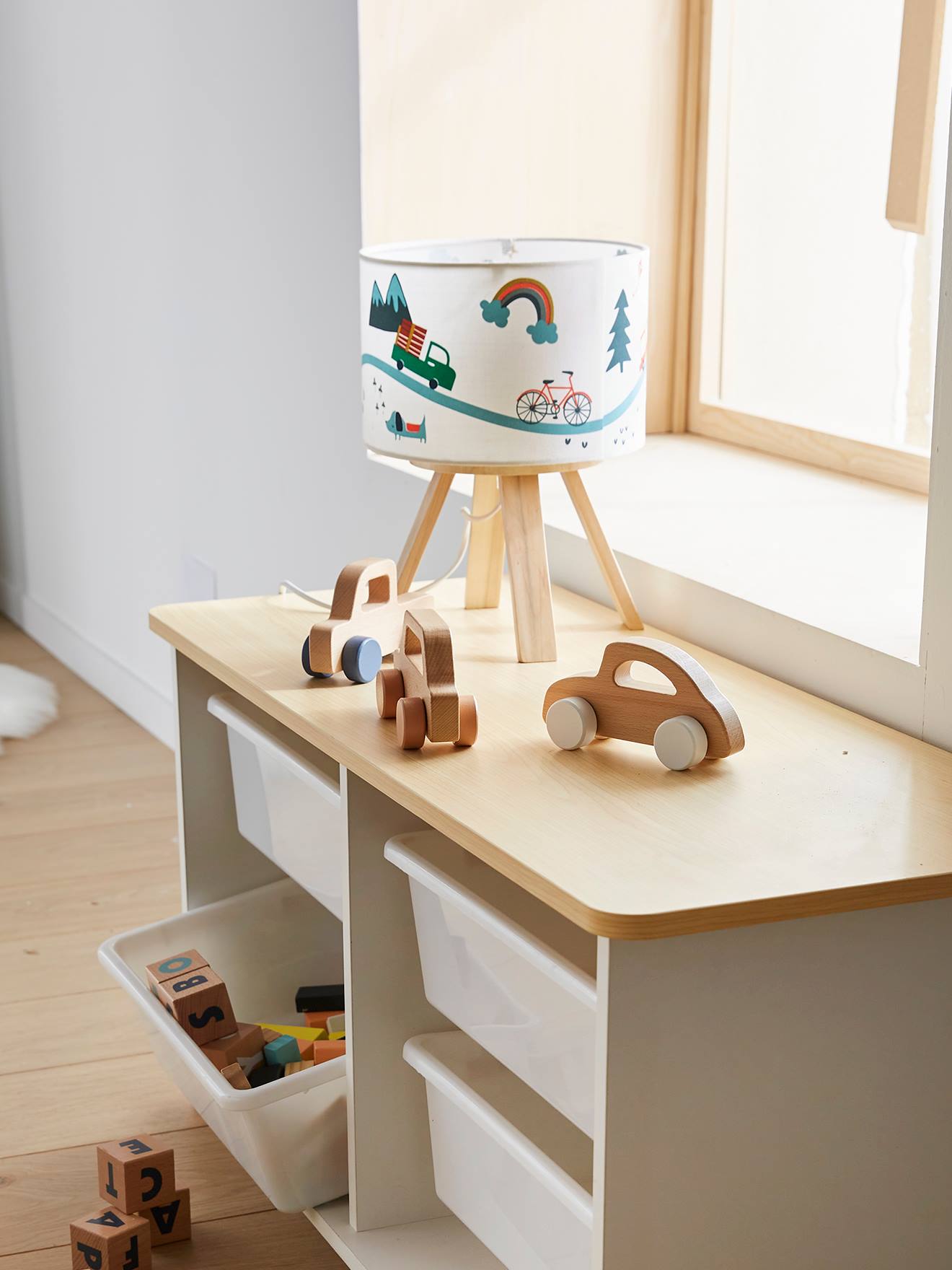 Vertbaudet Kinder Nachttischlampe BERGE - weiß bedruckt/natur