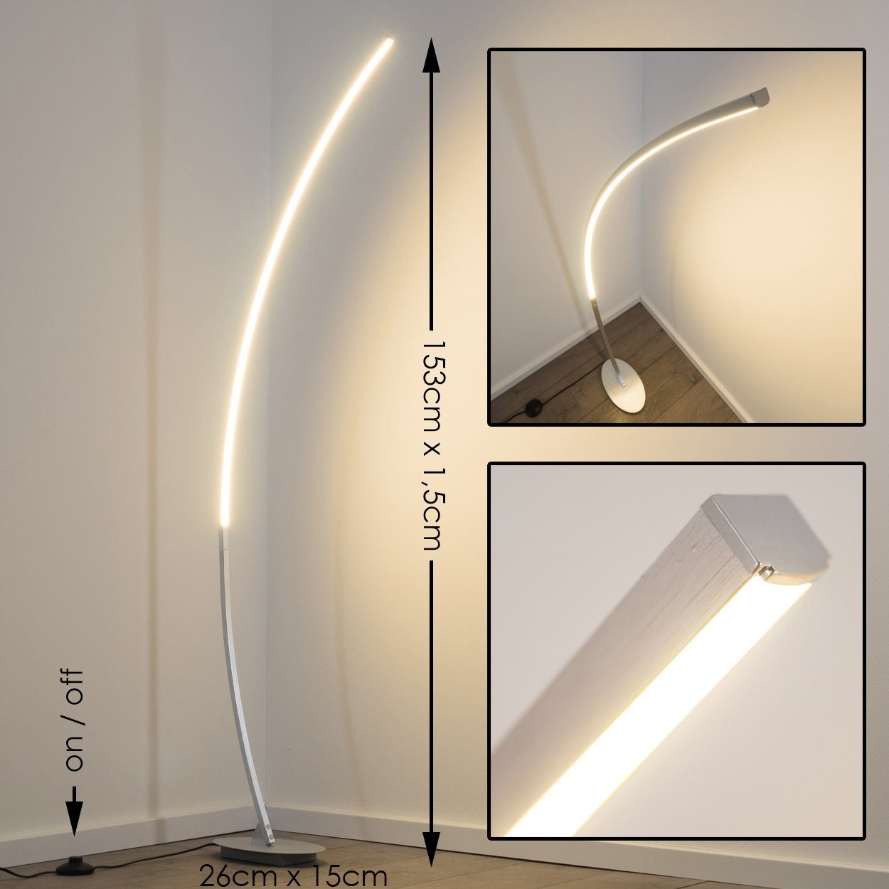 hofstein Stehlampe Brie LED Designer Standlampe in Aluminiumgebürstet, Stehleuchte mit Fußschalter und Kabel, Leselampe, LED 1100 Lumen