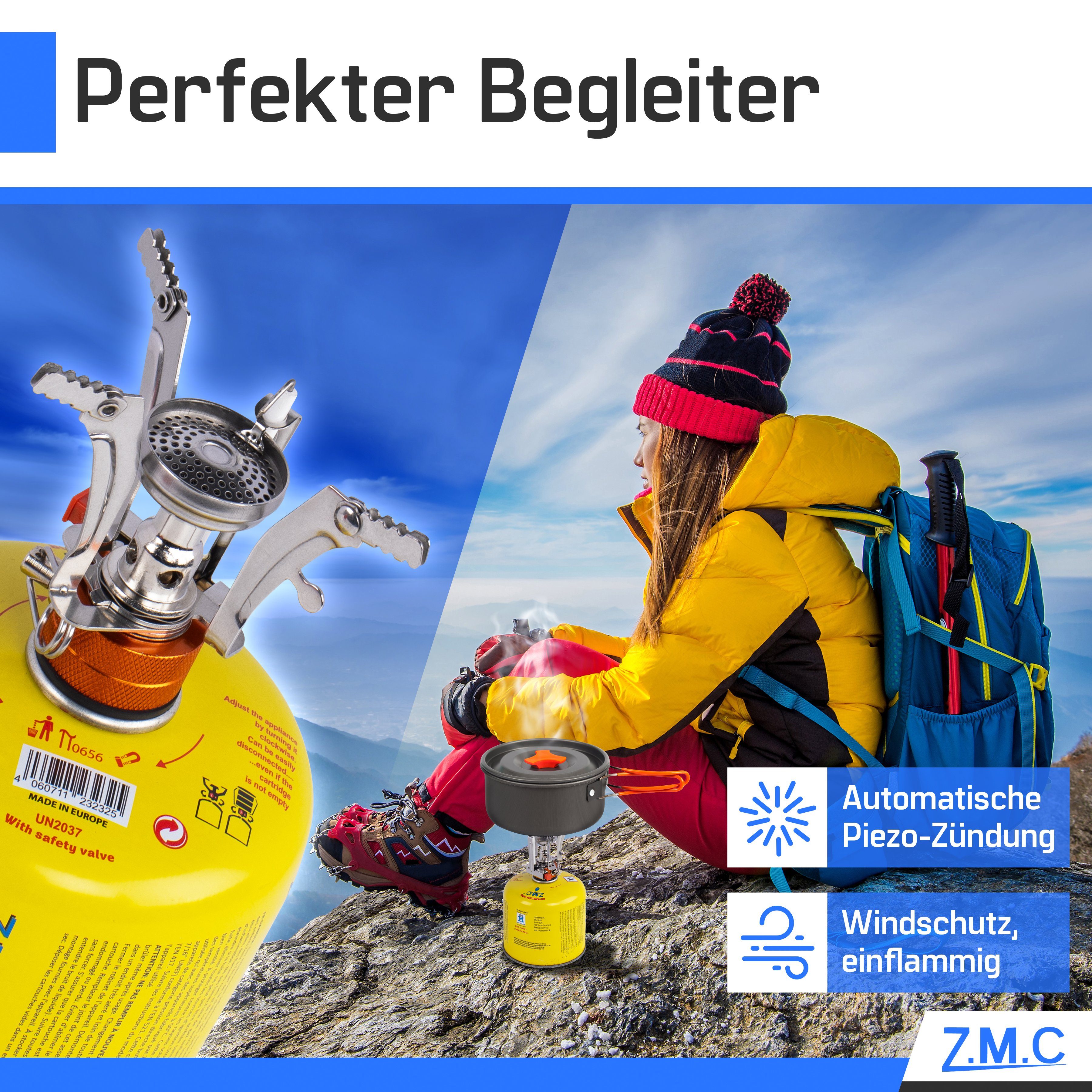 ZMC Gaskocher Mini Outdoor Campingkocher 3200W, (Butan Gas Kartusche Piezozündung Kochfeld), Camping Gas Kocher Stove Herd Kartuschenkocher Faltbar Butangas