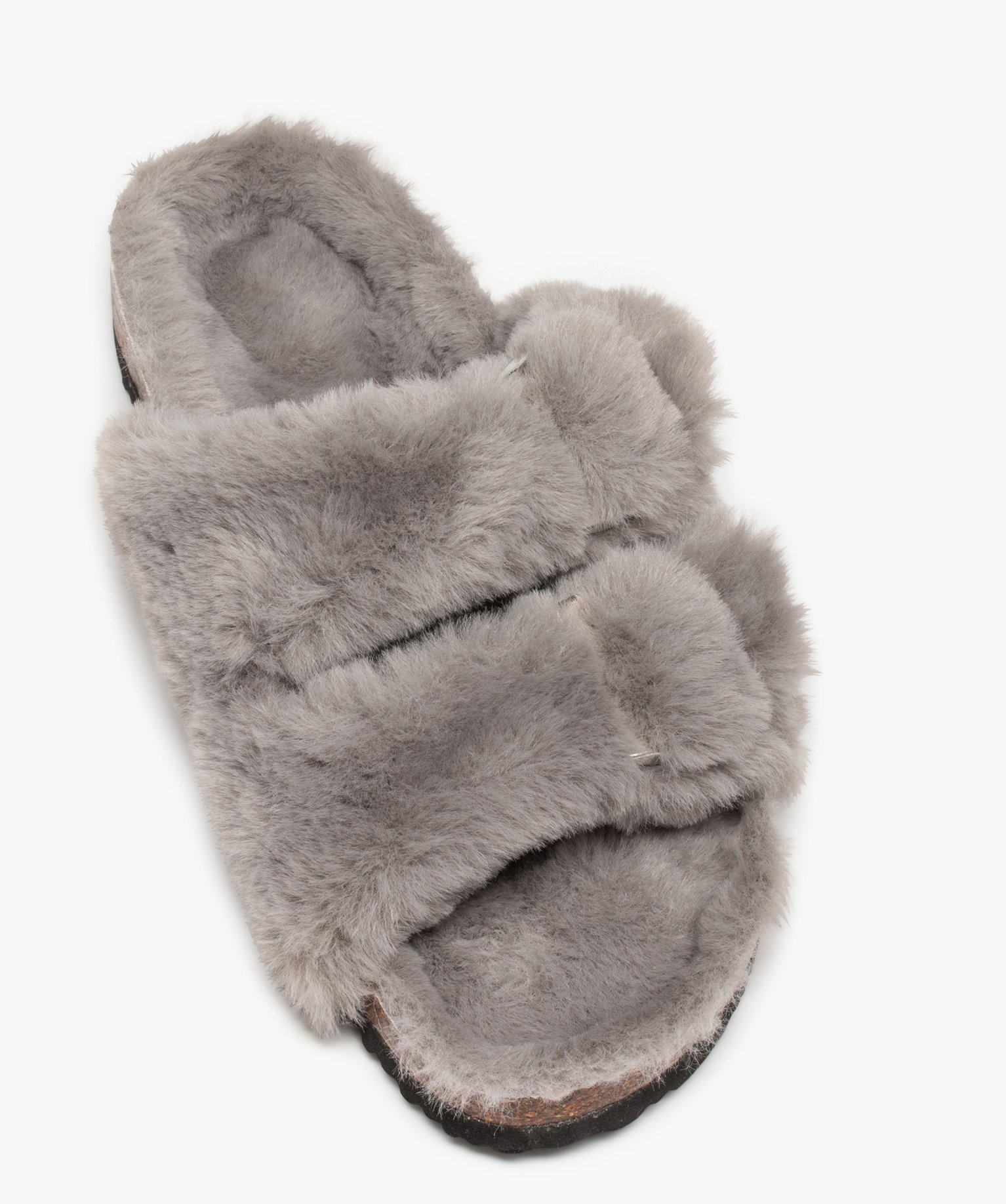 Chaussons femme mules à larges brides en textile peluche gris | GEMO