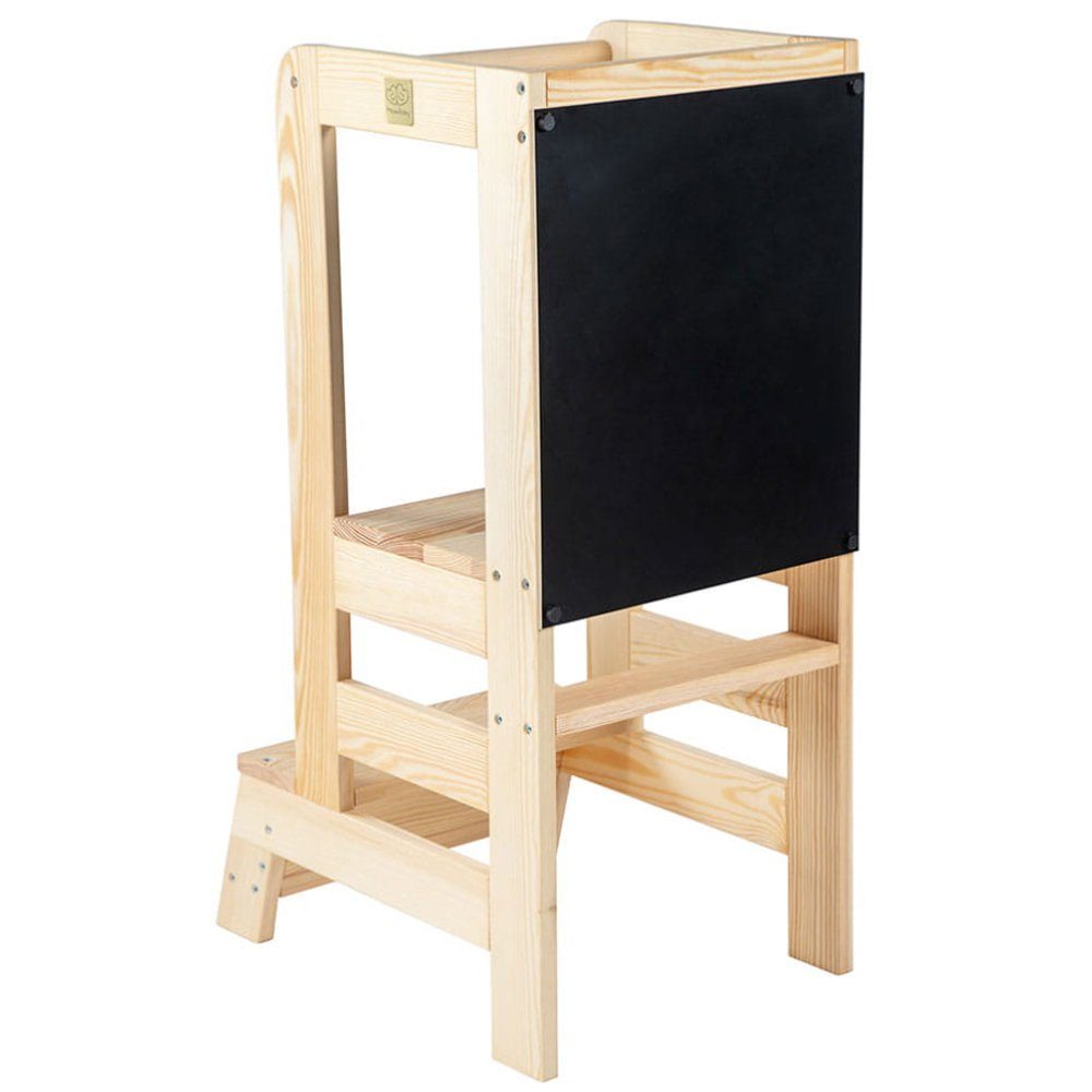 MeowBaby Stehhilfe Lernturm für Kinder Montessori Lernstuhl mit Kreidetafel Dunkelgrau (1 St), Kinderhocker, Höhenverstellbar, Abgerundete Ecken & Kanten