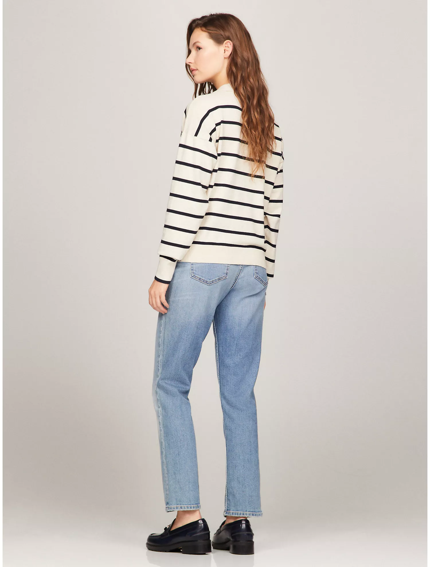 Long-Sleeve Stripe Polo Sweater