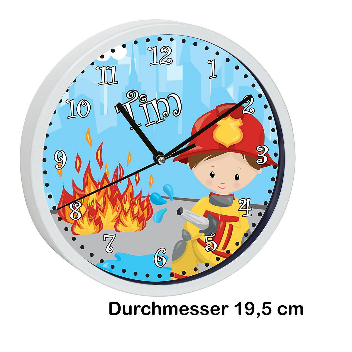 Kinder Wanduhr personalisiert mit Name Feuerwehrmann