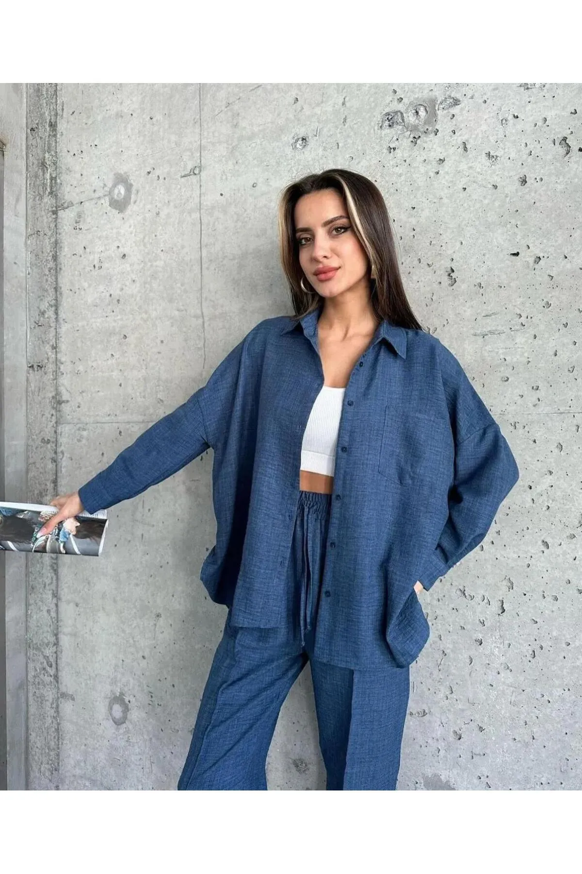 ZF BUTİK  Damen Set aus Hemd und Hose aus doppeltem Leinen in Blau