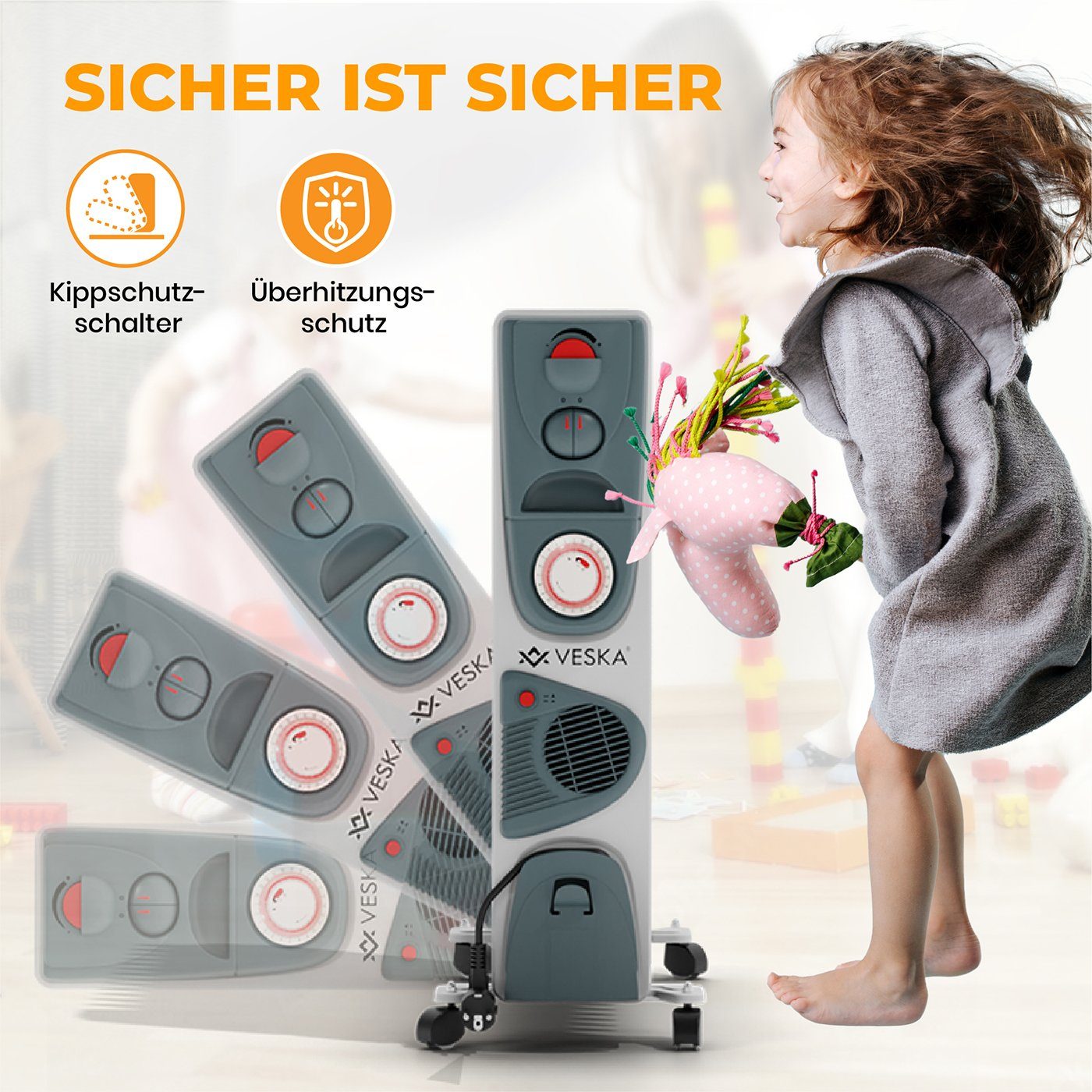 VESKA Heizkörper Elektroheizung 2900W Öl Radiator Elektro Heizung mit 24h Timer, Heizlüfter, Abschaltautomatik, 2500/2900 Watt