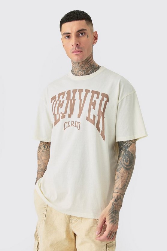 Tall zerrissenes Oversize T-Shirt mit Acid-Waschung und Denver Print