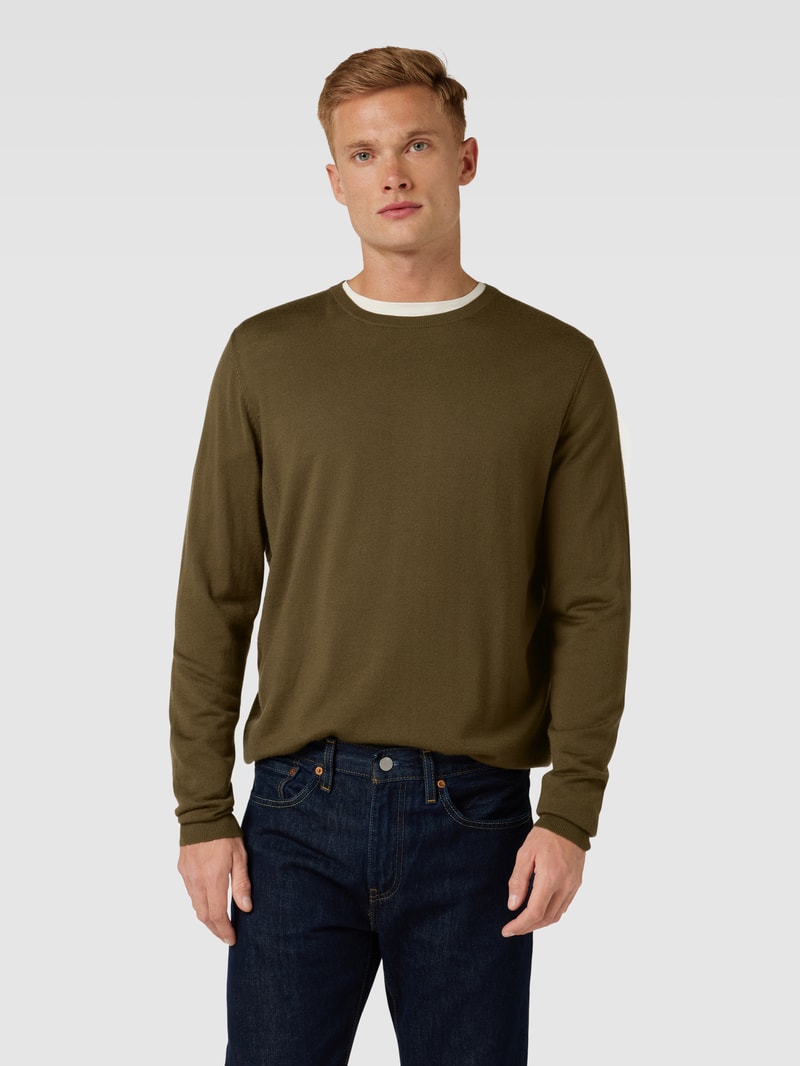Strickpullover aus Wolle mit Rundhalsausschnitt in dunkelgrün meliert