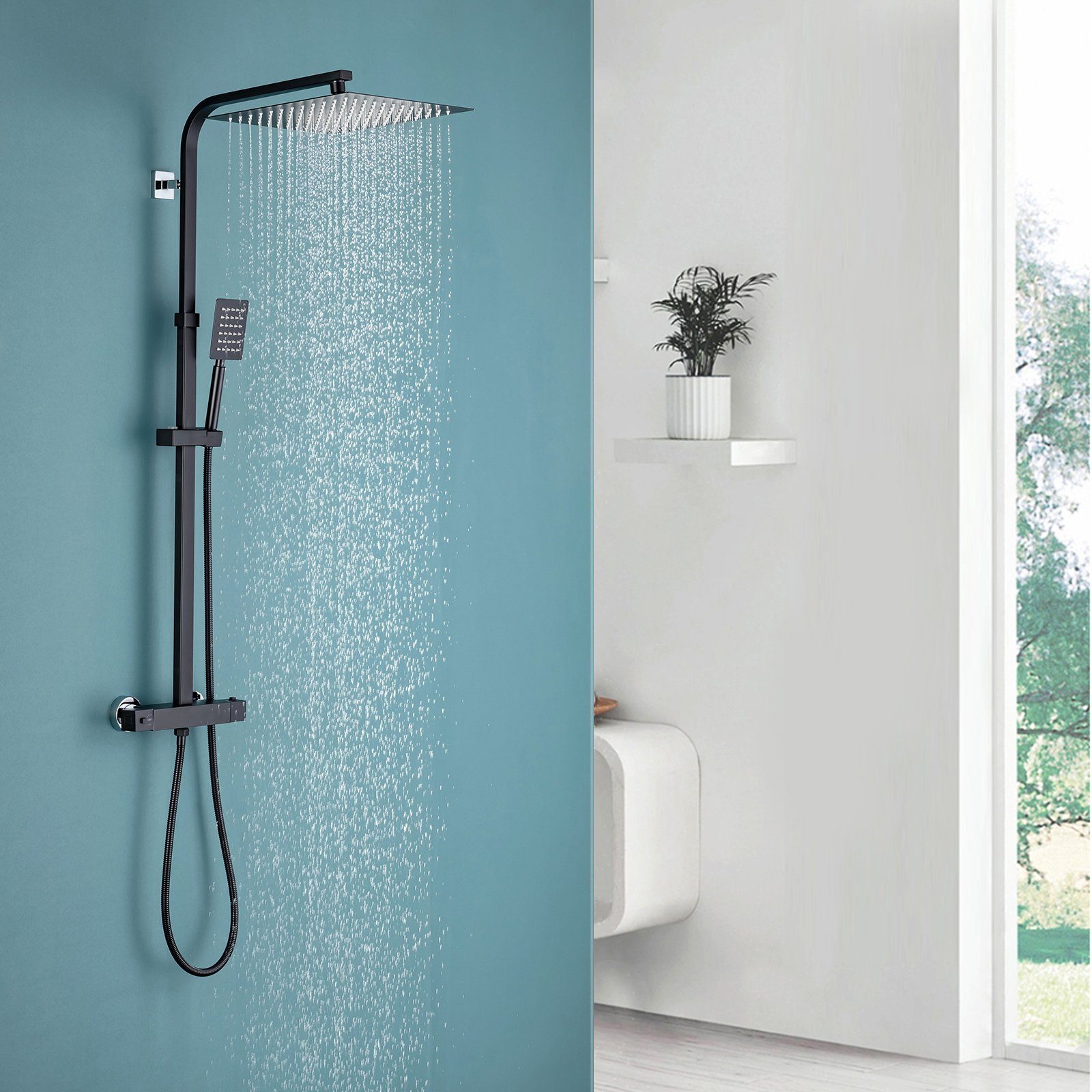 Auralum Duschsystem mit Thermostat Duscharmatur Regendusche Massage Duschset Handbrause, Regendusche Höhenverstellbar, Anti-Verbrühung-Duschsystem, Schwarz