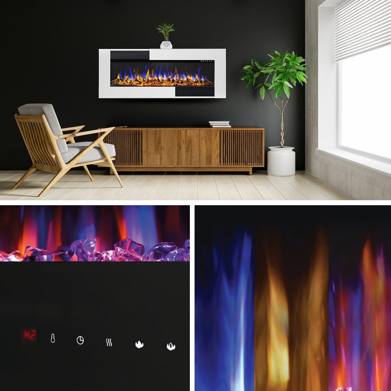 GLOW FIRE Elektrokamin Insert Tetris Wandkamin elektrisch mit Heizung, Elektrischer Kamin mit Fernbedienung, Timer, 3D Flammenspiel, LED Feuer