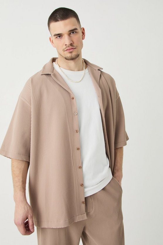 Tall Short Sleeve Oversized Revere Pleated Shirt