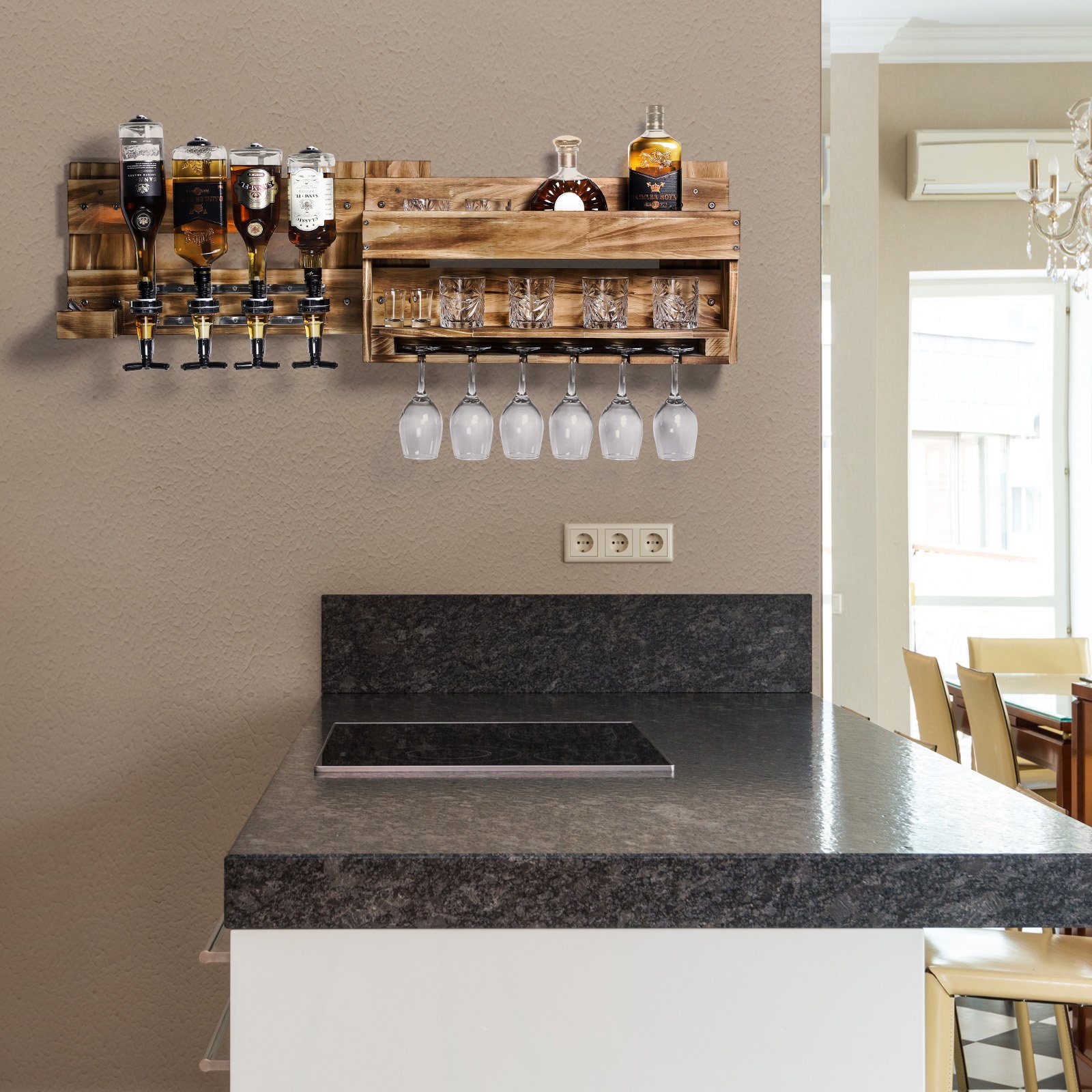Yorbay Weinregal Weinregal aus Holz, Wandbar mit 4 Getränkespender, Wandmontage Wand Flaschenhalter Vintage Stil